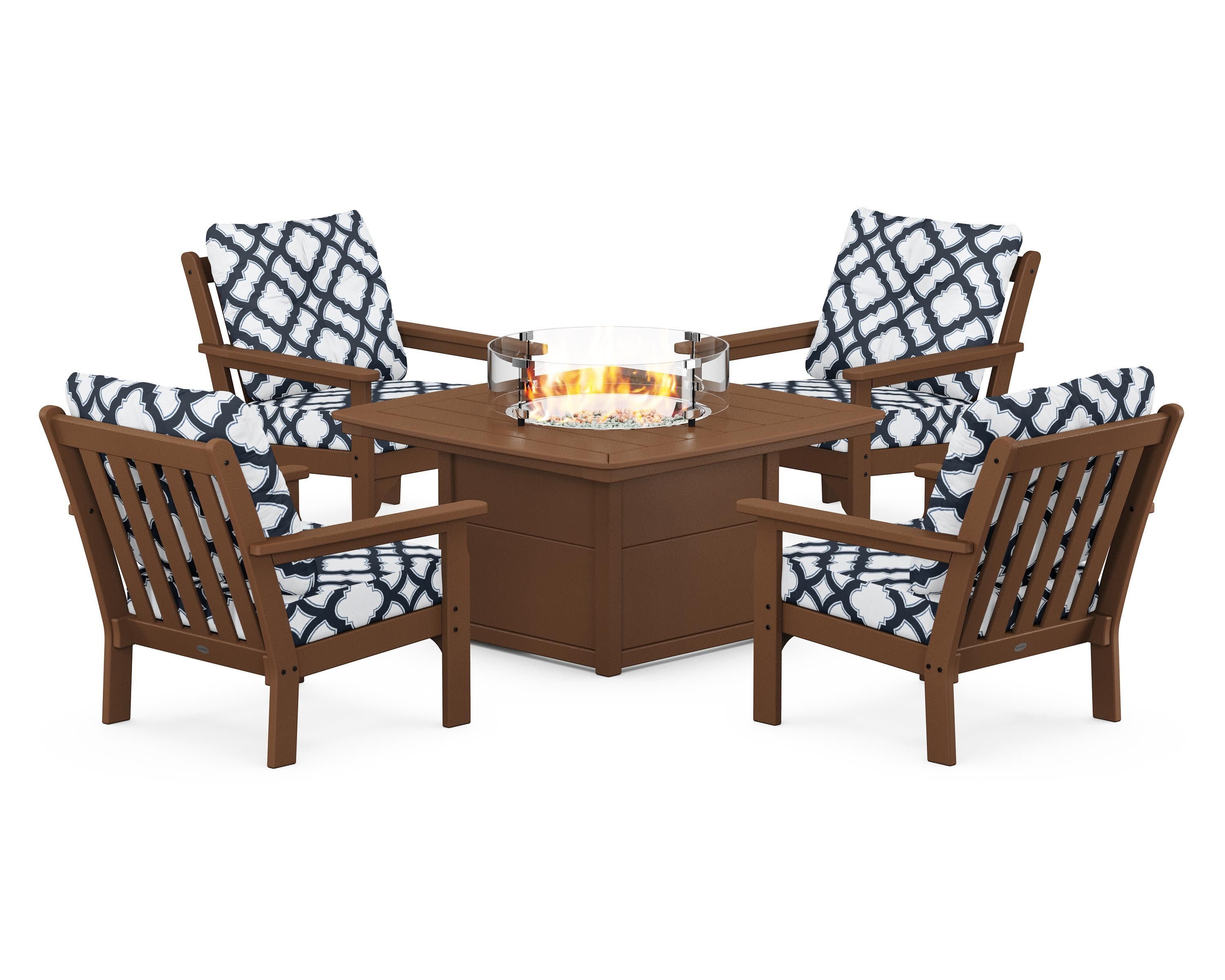 Vineyard 5-Piece Conversation Set with Fire Pit Table in Teak / Trellis Marine Indigo