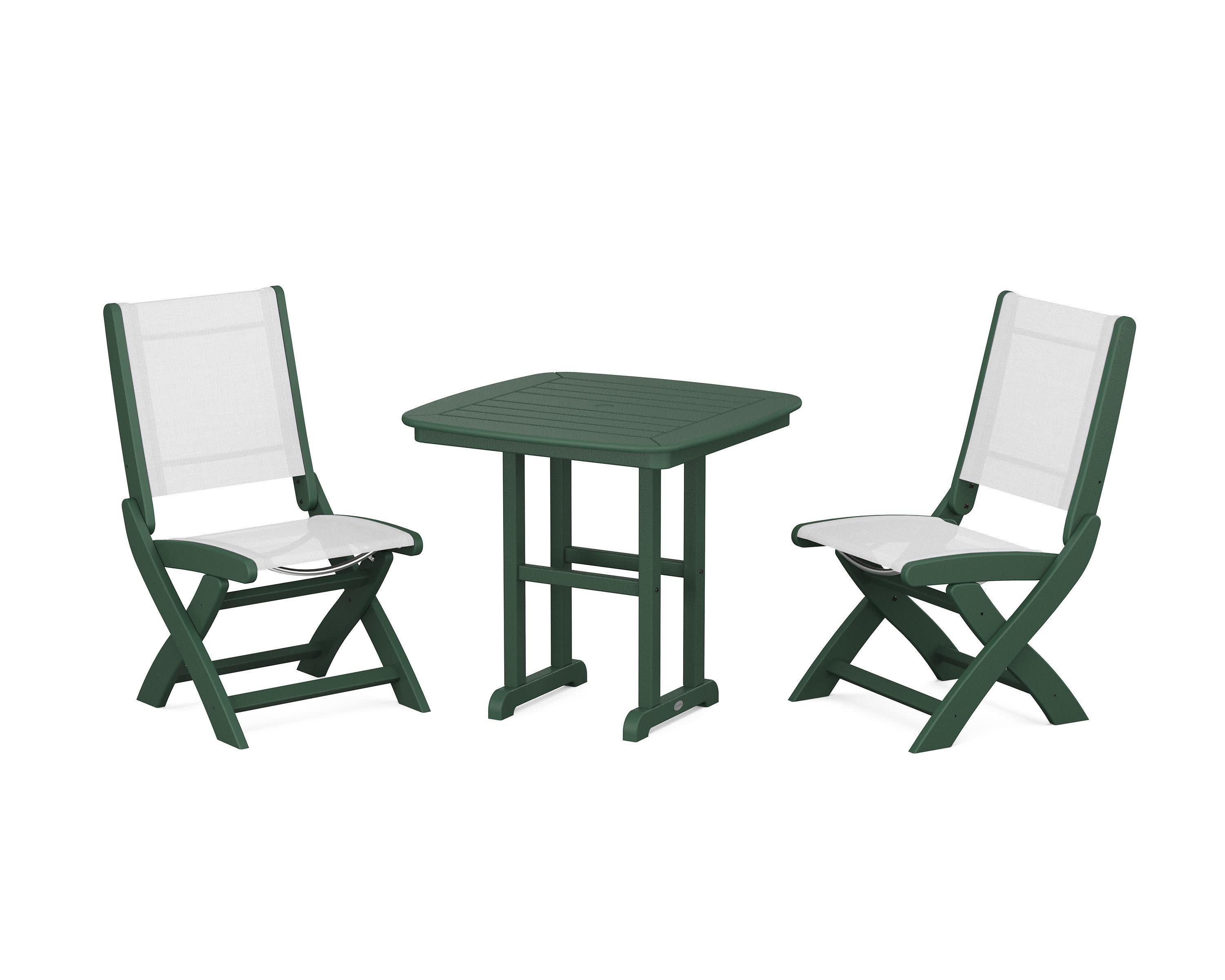 Coastal Folding Side Chair 3-Piece Dining Set in Green / White Sling