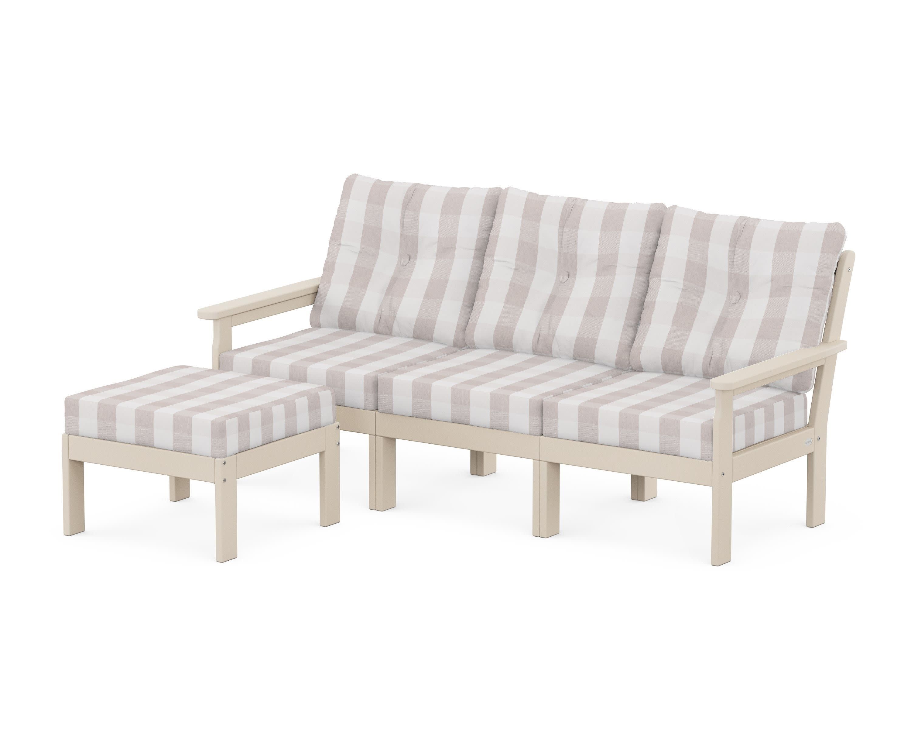 Vineyard 4-Piece Sectional with Ottoman in Sand / Buffalo Plaid Dune Burlap