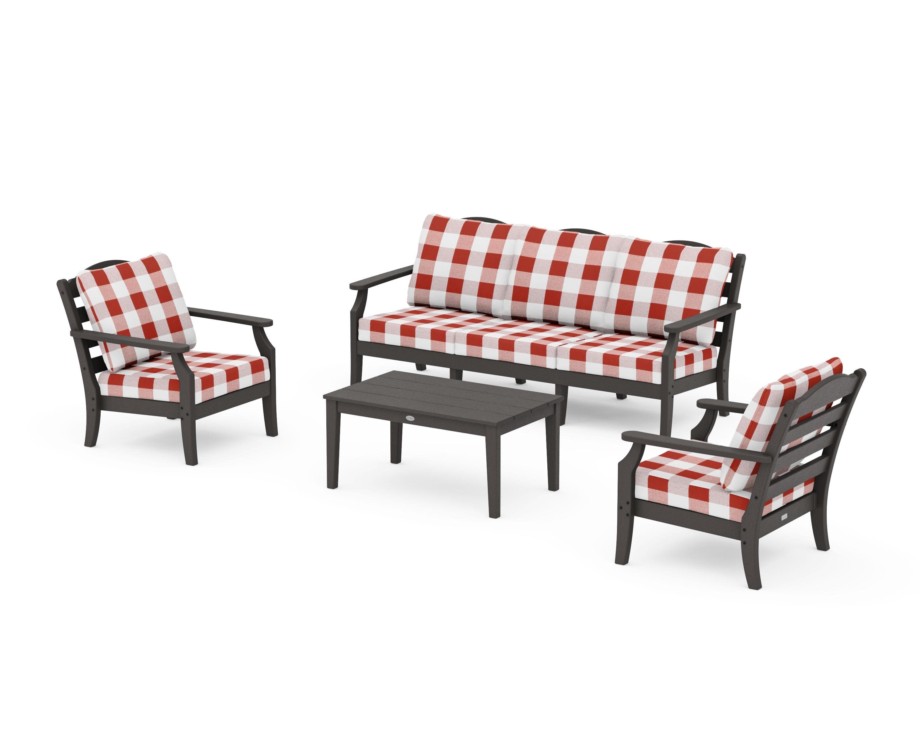 Savannah 4-Piece Deep Seating Set with Sofa in Vintage Coffee / Buffalo Plaid Crimson