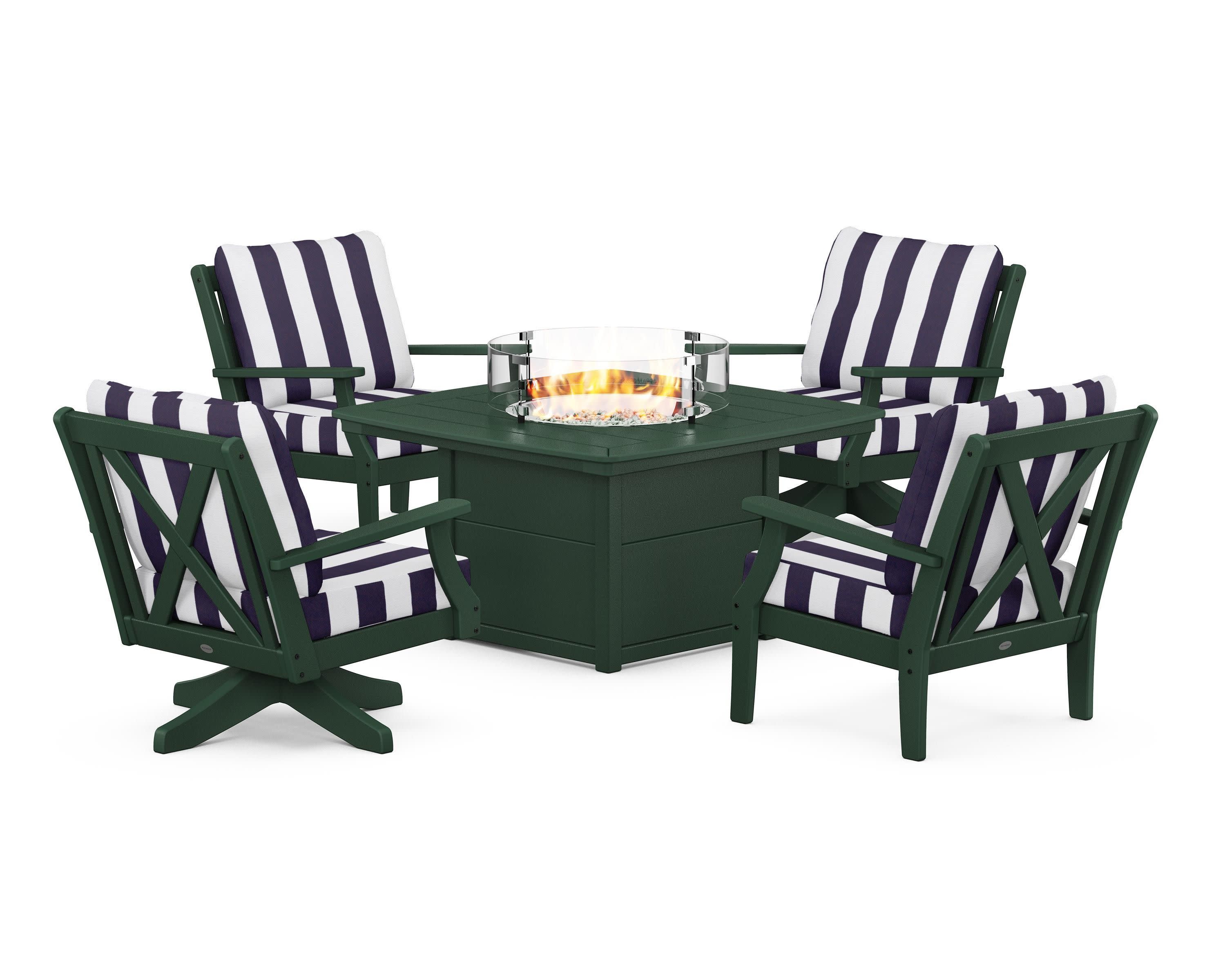 Braxton 5-Piece Deep Seating Set with Fire Table in Green / Cabana Stripe Navy