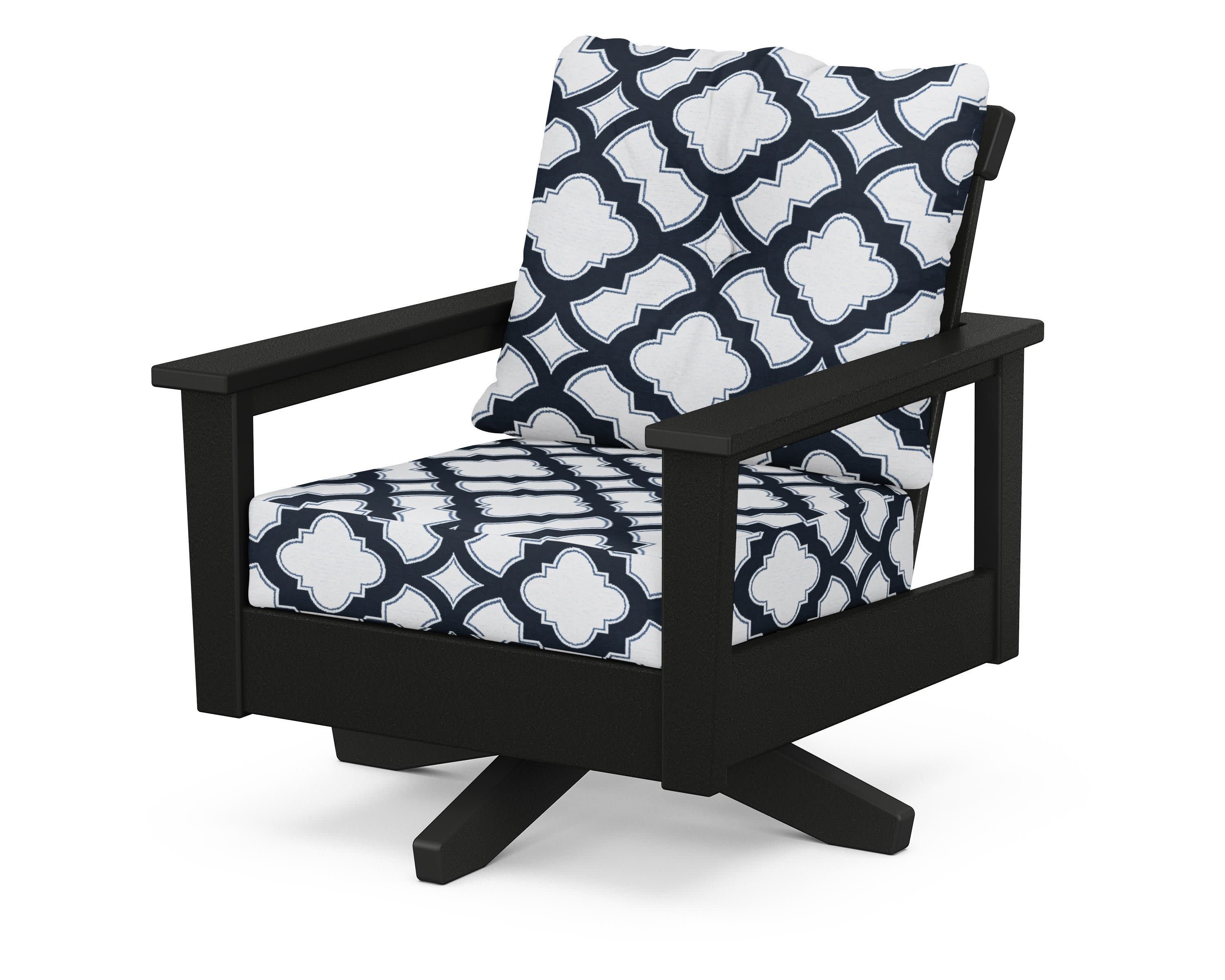 Prescott Deep Seating Swivel Chair in Black / Trellis Marine Indigo
