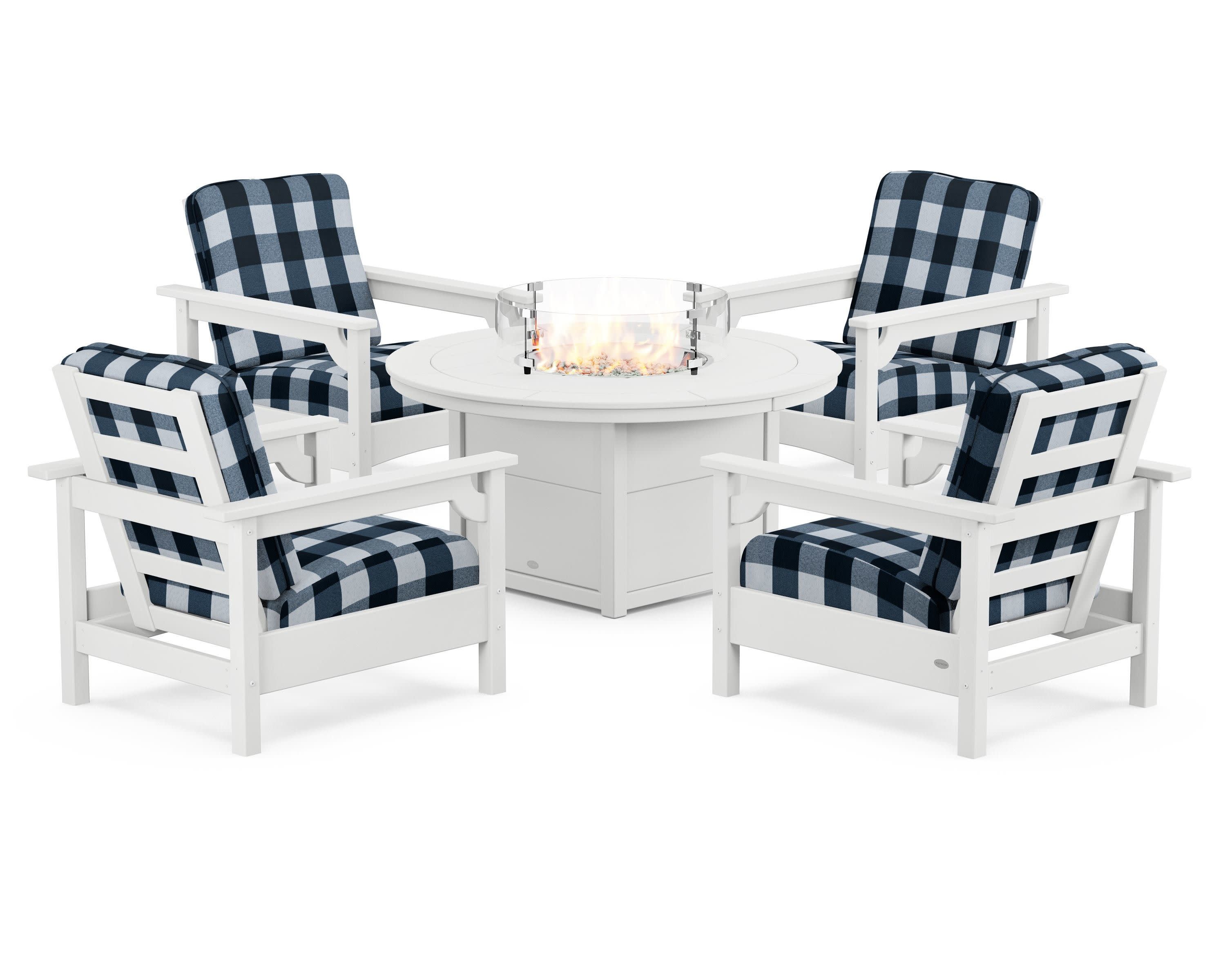 Club 5-Piece Conversation Set with Fire Pit Table in White / Buffalo Plaid Marine Indigo