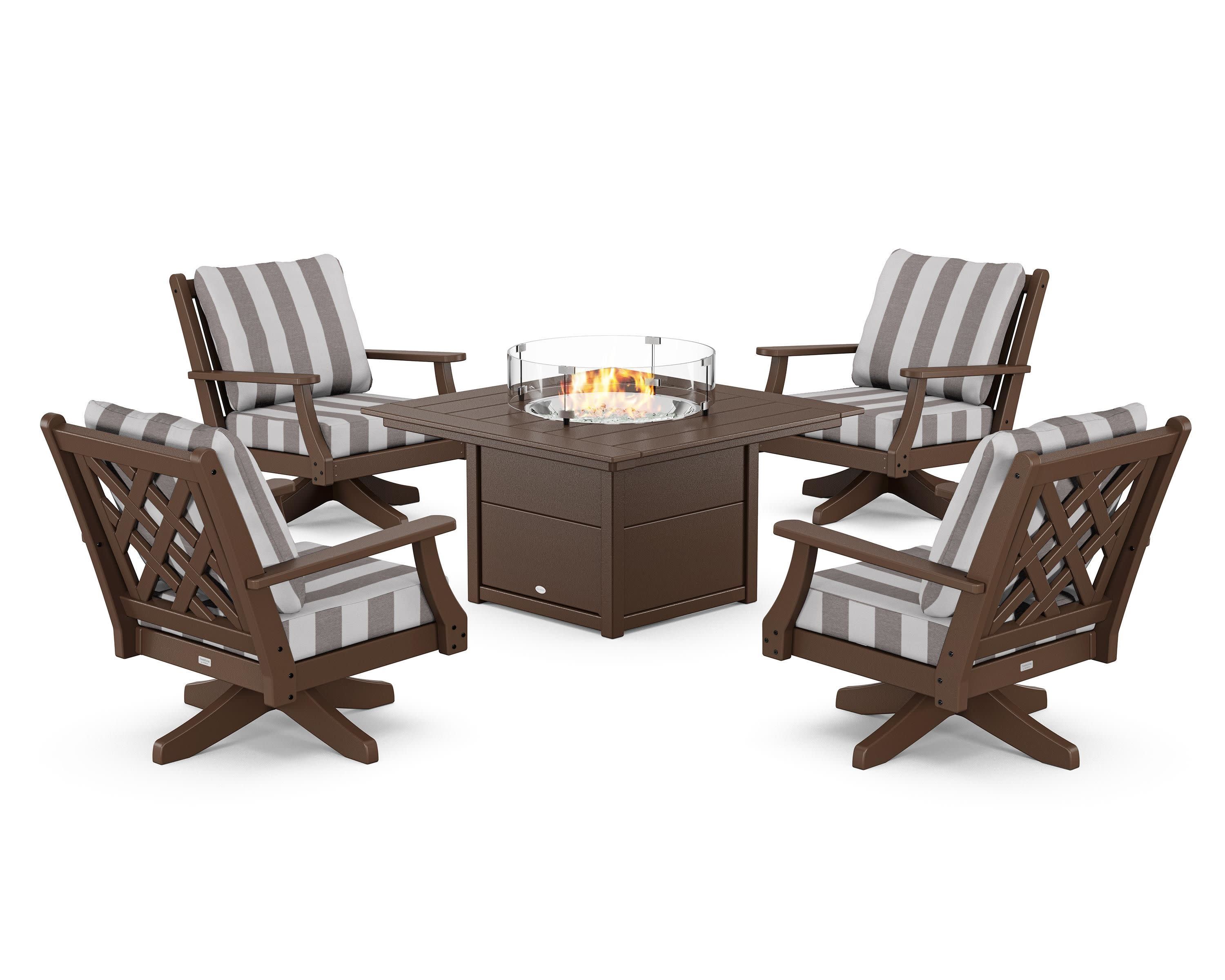 Wovendale 5-Piece Deep Seating Swivel Conversation Set with Fire Pit Table in Mahogany / Cabana Stripe Grey Mist