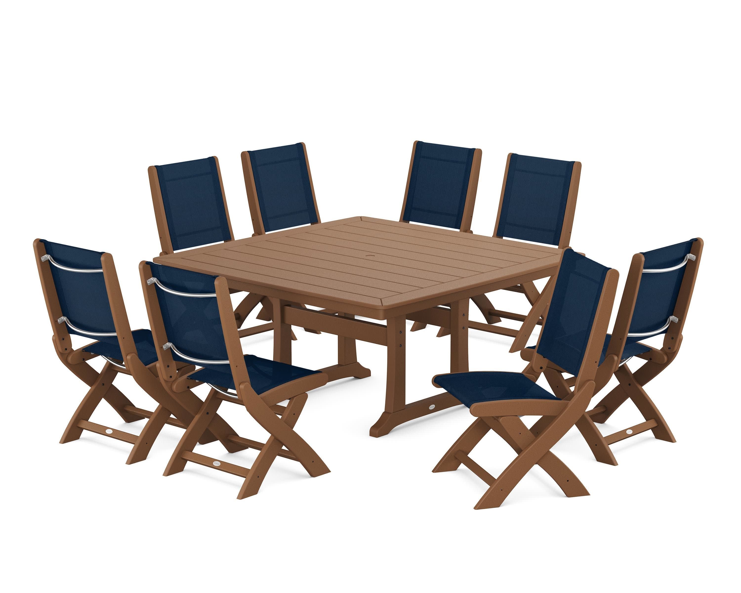 Coastal Folding Side Chair 9-Piece Dining Set with Trestle Legs in Teak / Navy Blue Sling