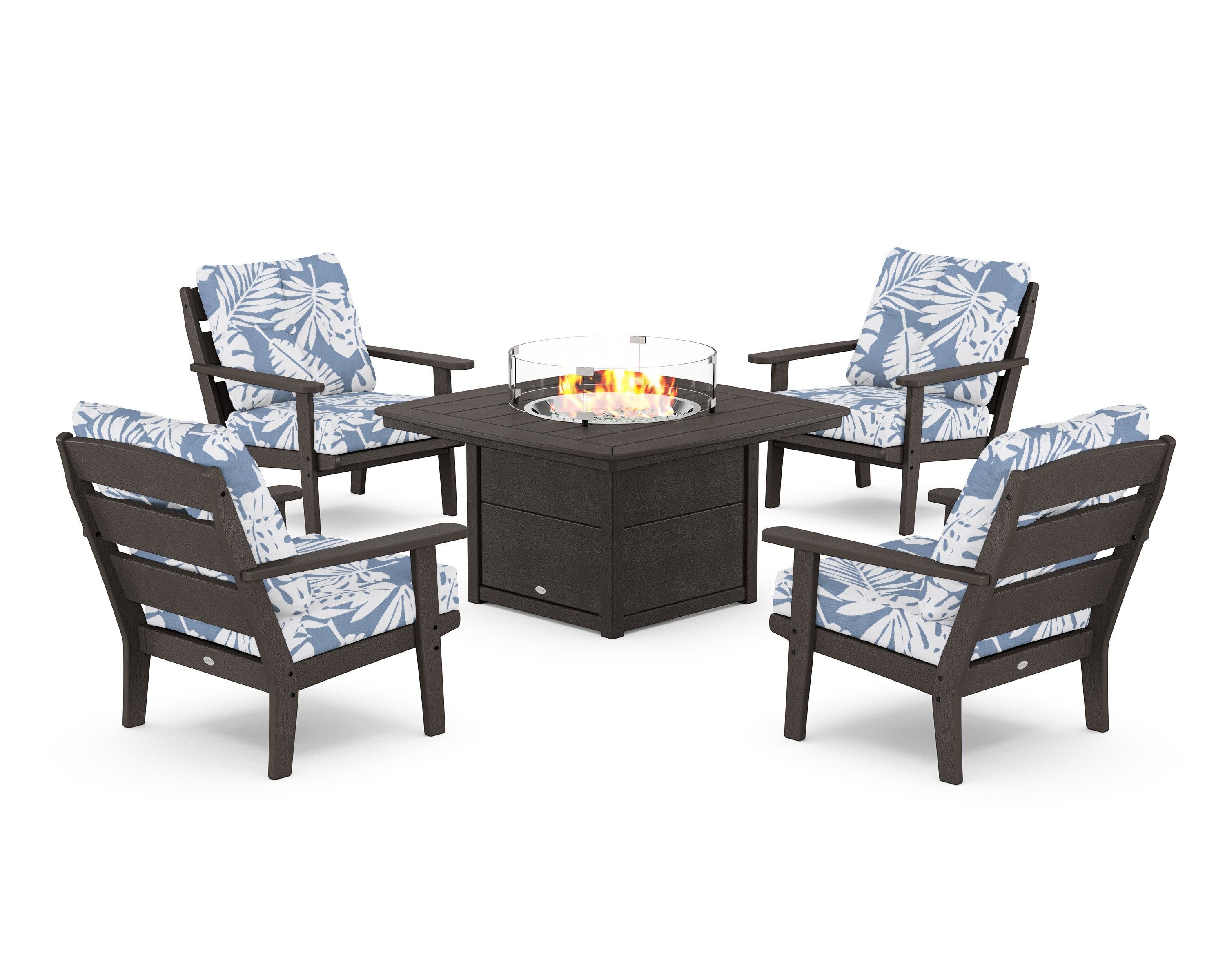 Lakeside 5-Piece Deep Seating Set with Nautical Fire Pit Table in Vintage Coffee / Leaf Sky Blue