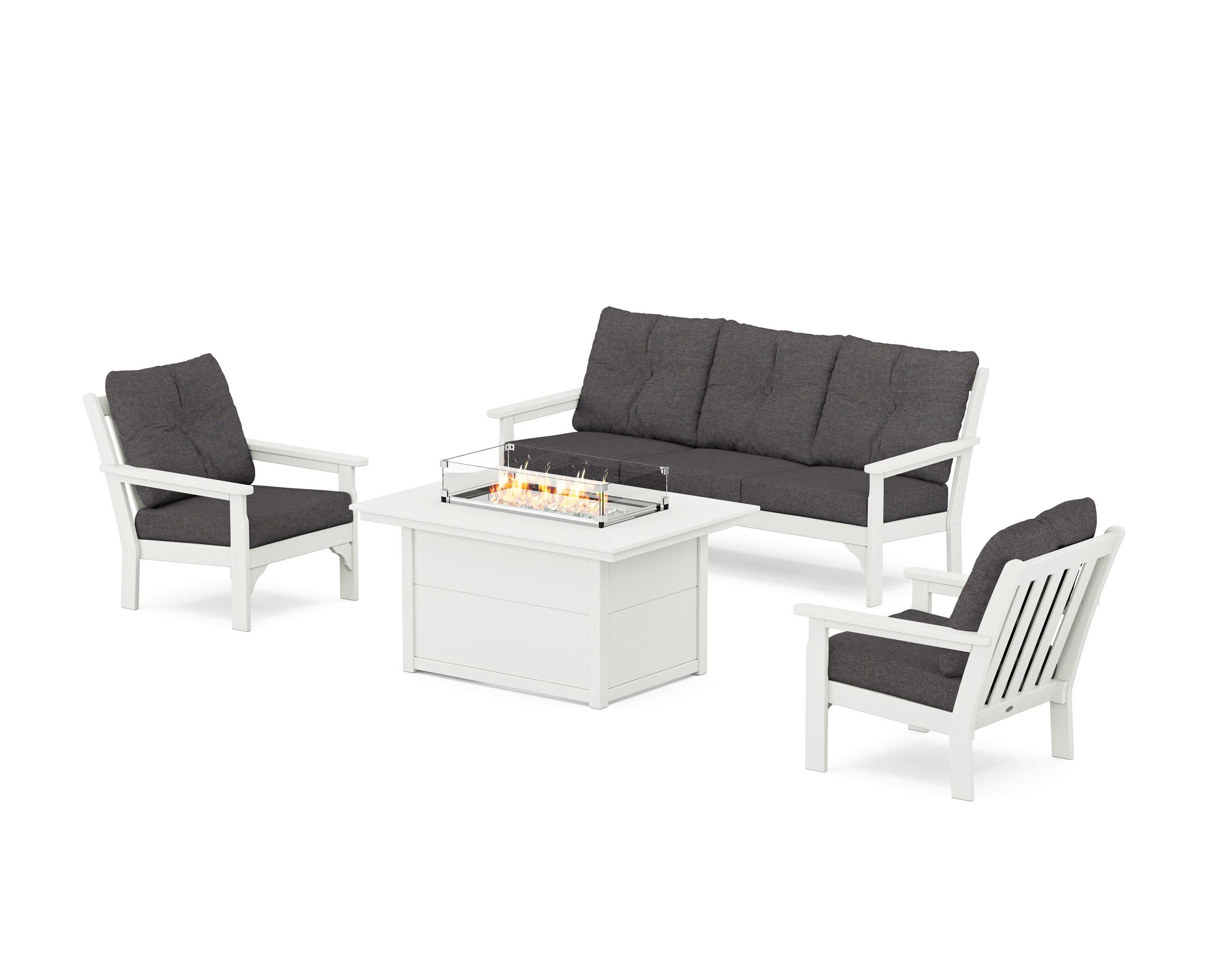 Vineyard Deep Seating Fire Pit Table Set in Vintage White / Ash Charcoal