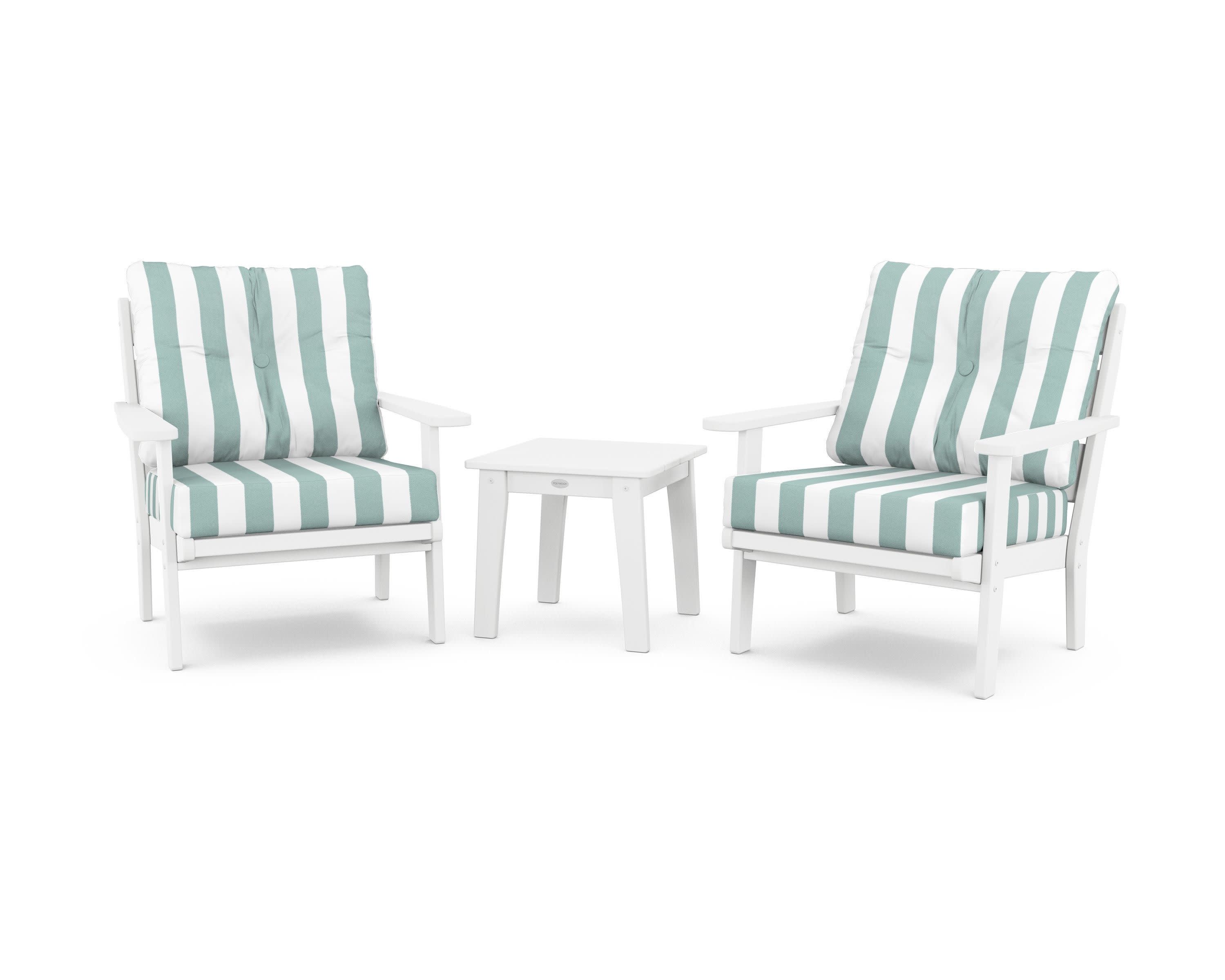 Lakeside 3-Piece Deep Seating Chair Set in White / Cabana Stripe Glacier Spa
