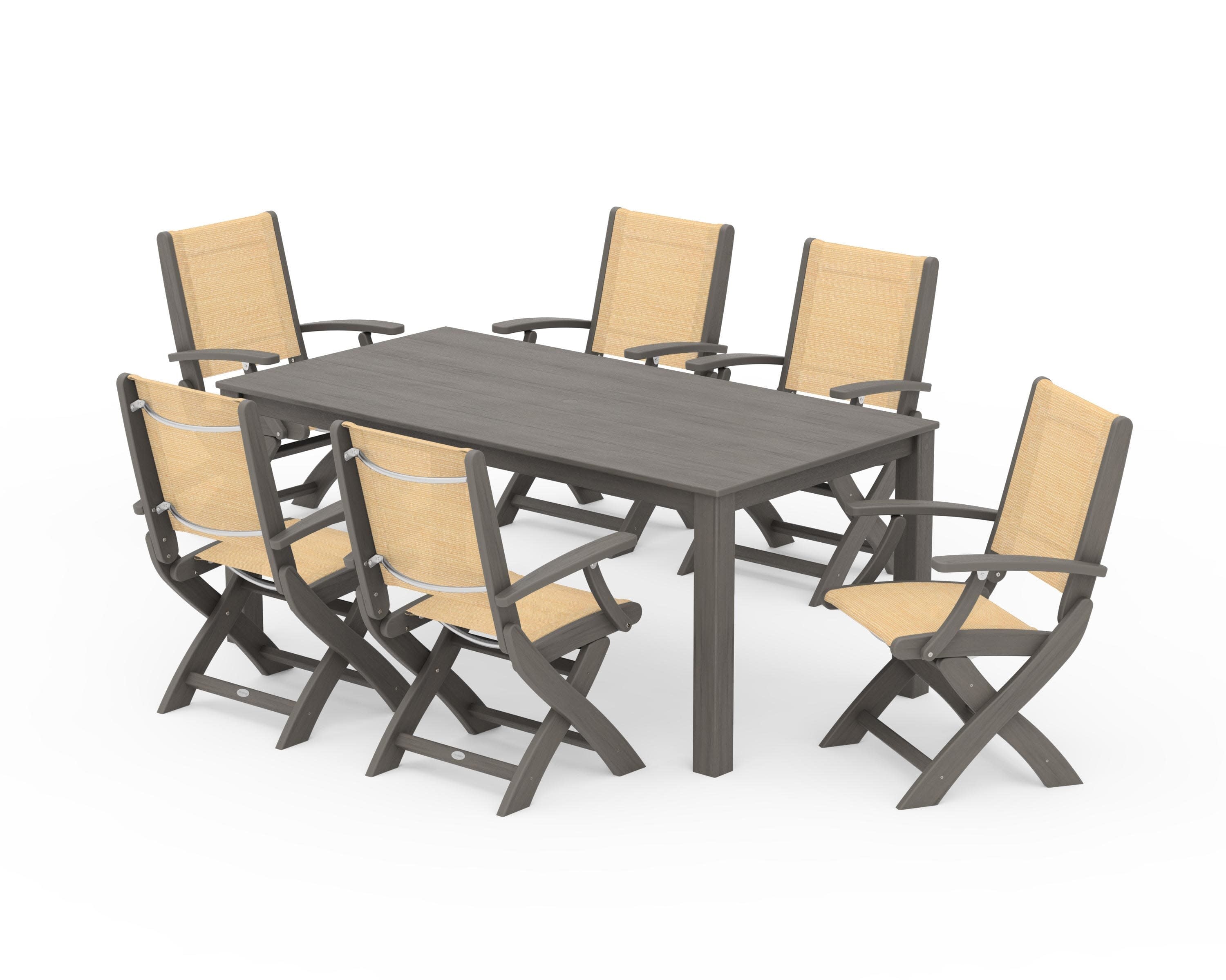 Coastal Folding Chair 7-Piece Parsons Dining Set in Driftwood / Dupioni Apricot Sling