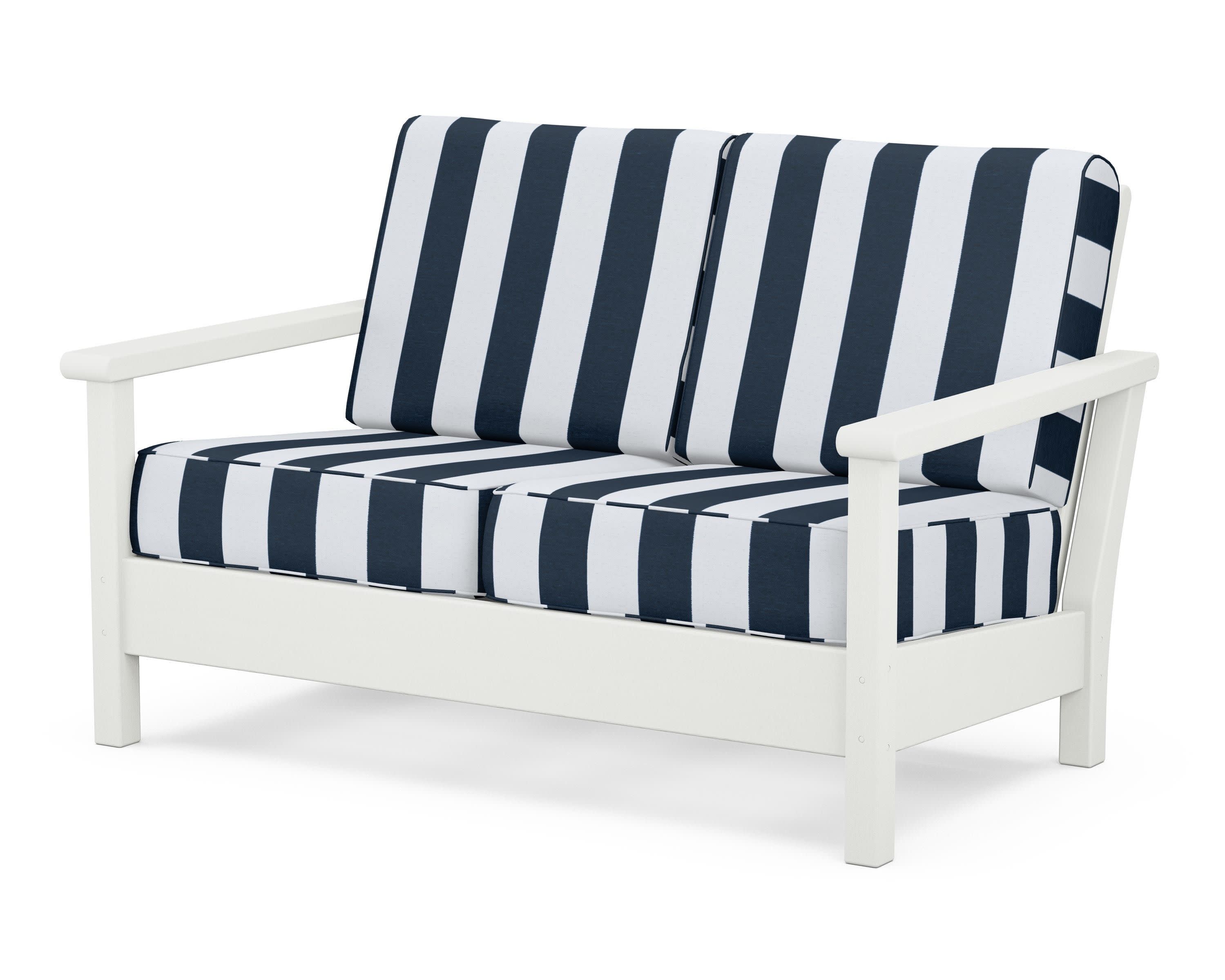 Harbour Deep Seating Loveseat in Vintage White / Cabana Stripe Marine Indigo
