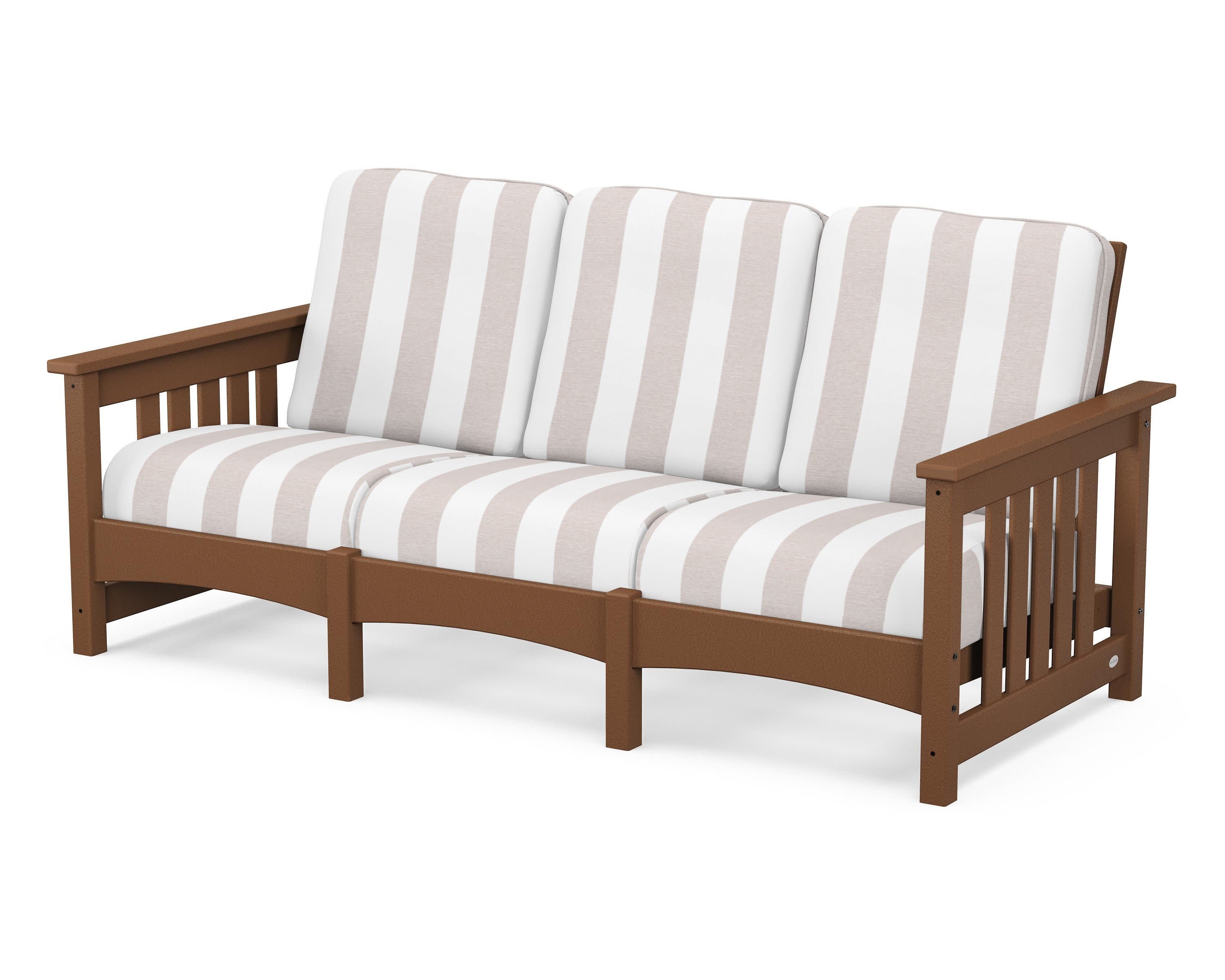 Club Mission Sofa in Teak / Cabana Stripe Dune Burlap