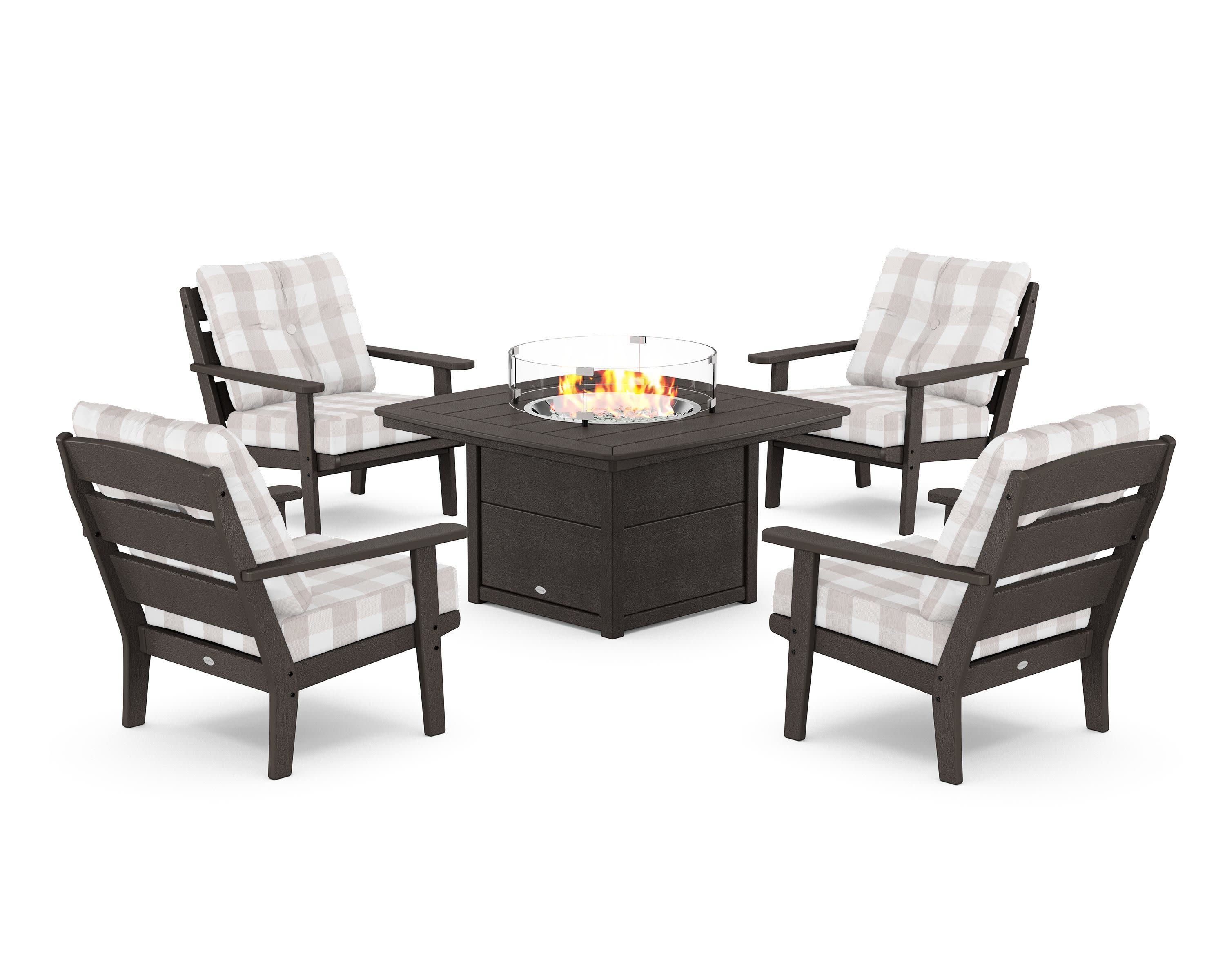 Lakeside 5-Piece Deep Seating Set with Nautical Fire Pit Table in Vintage Coffee / Buffalo Plaid Dune Burlap