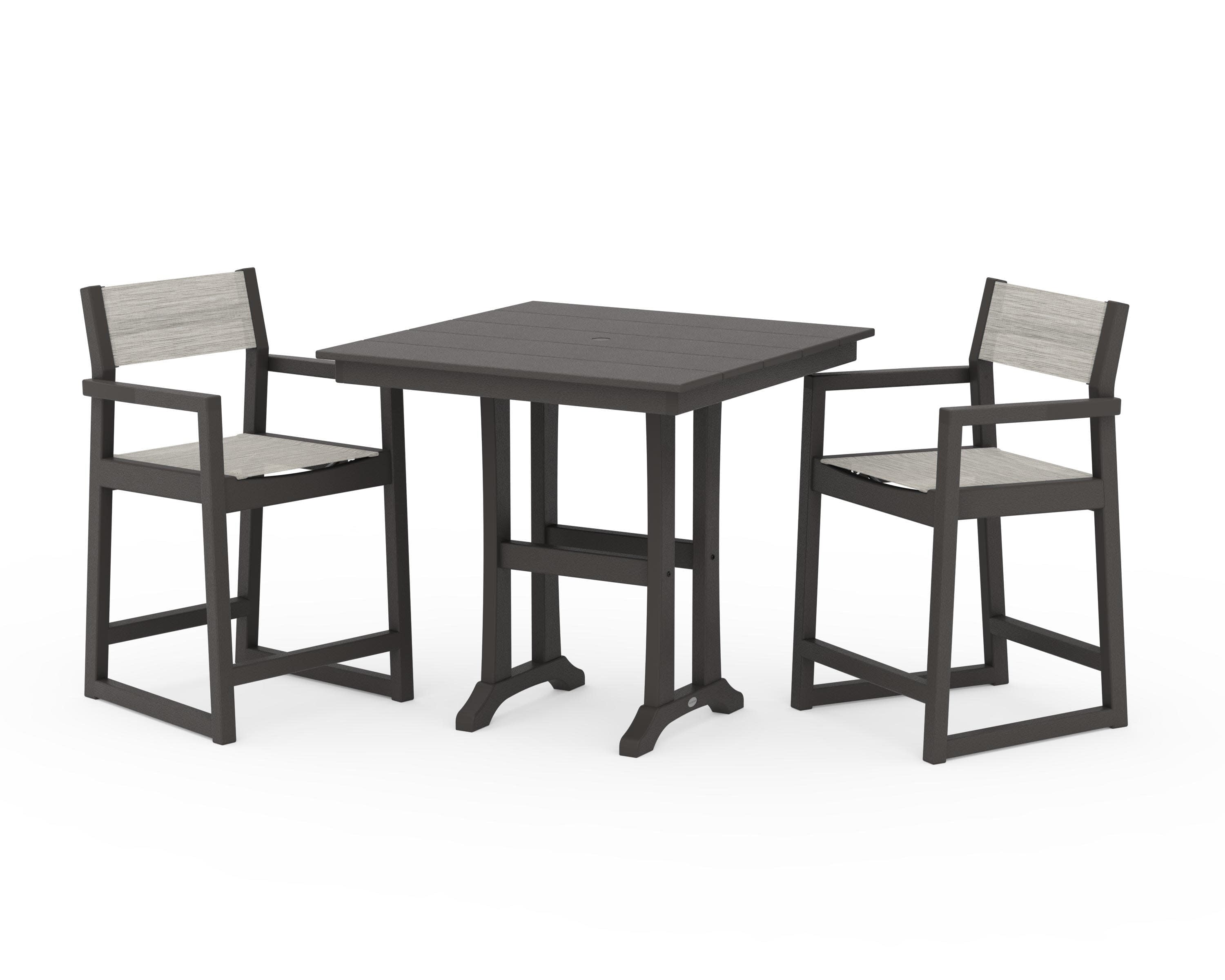 EDGE Sling Arm Chair 3-Piece Farmhouse Counter Set with Trestle Legs in Vintage Coffee / Birch Sling