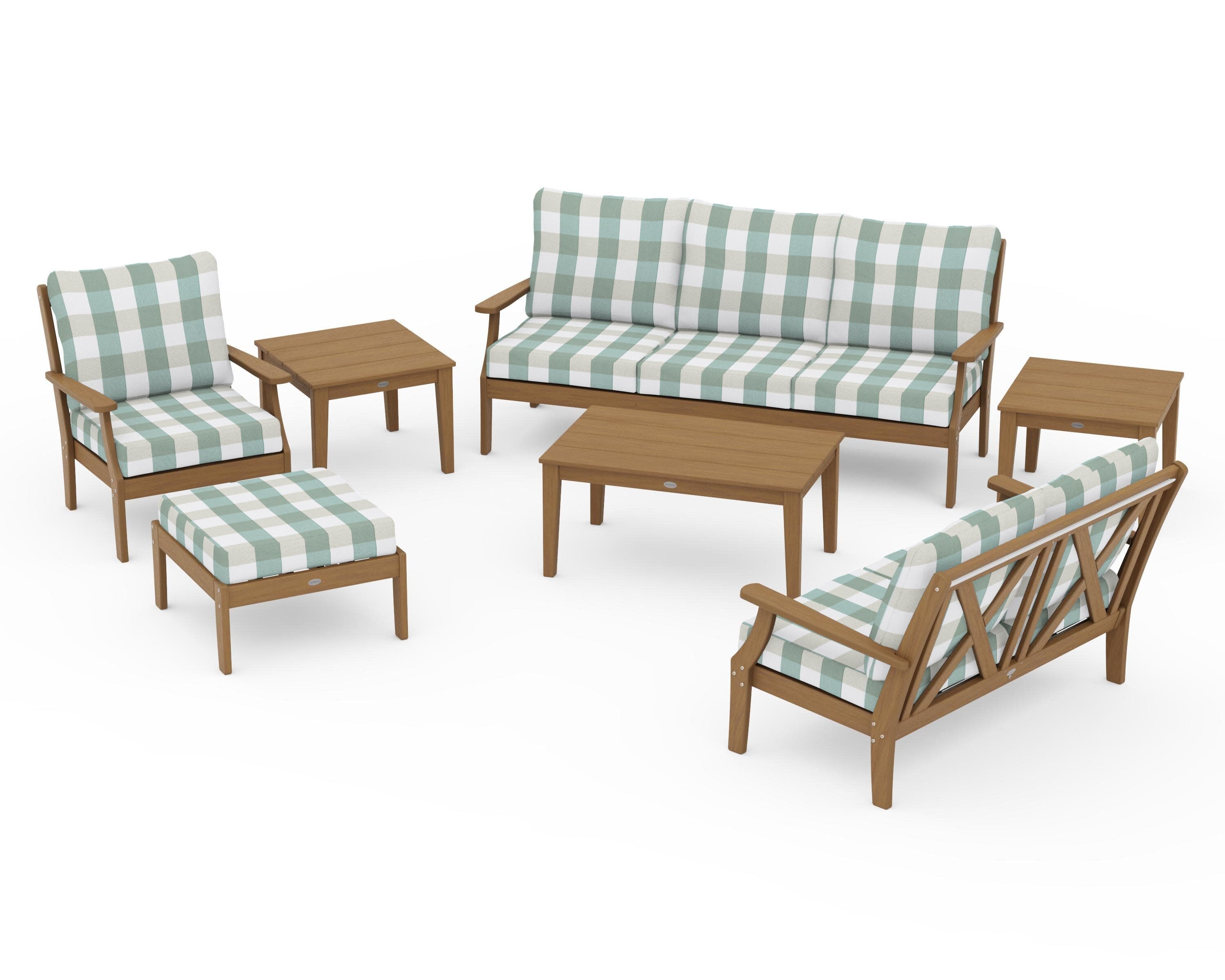 Braxton 7-Piece Deep Seating Set in Natural / Buffalo Plaid Glacier Spa
