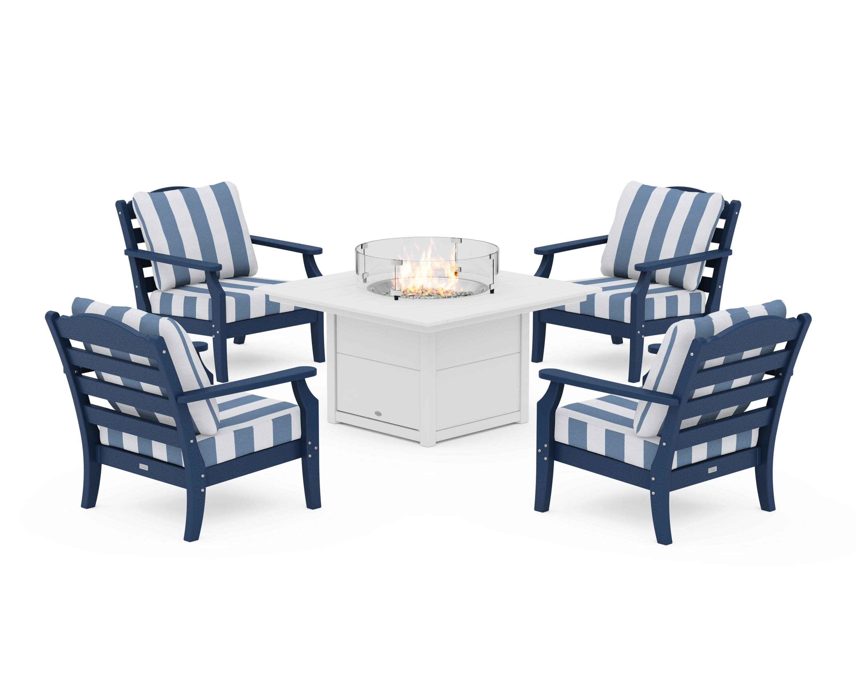 Savannah 5-Piece Deep Seating Set with Fire Pit Table in Navy / Cabana Stripe Sky Blue