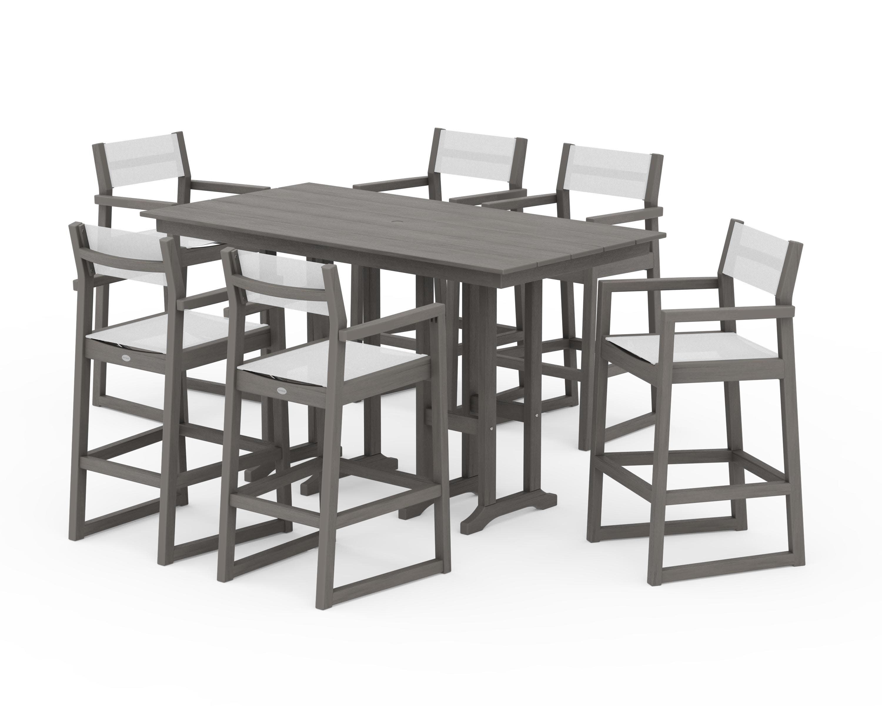 EDGE Sling Arm Chair 7-Piece Farmhouse Bar Set in Driftwood / White Sling