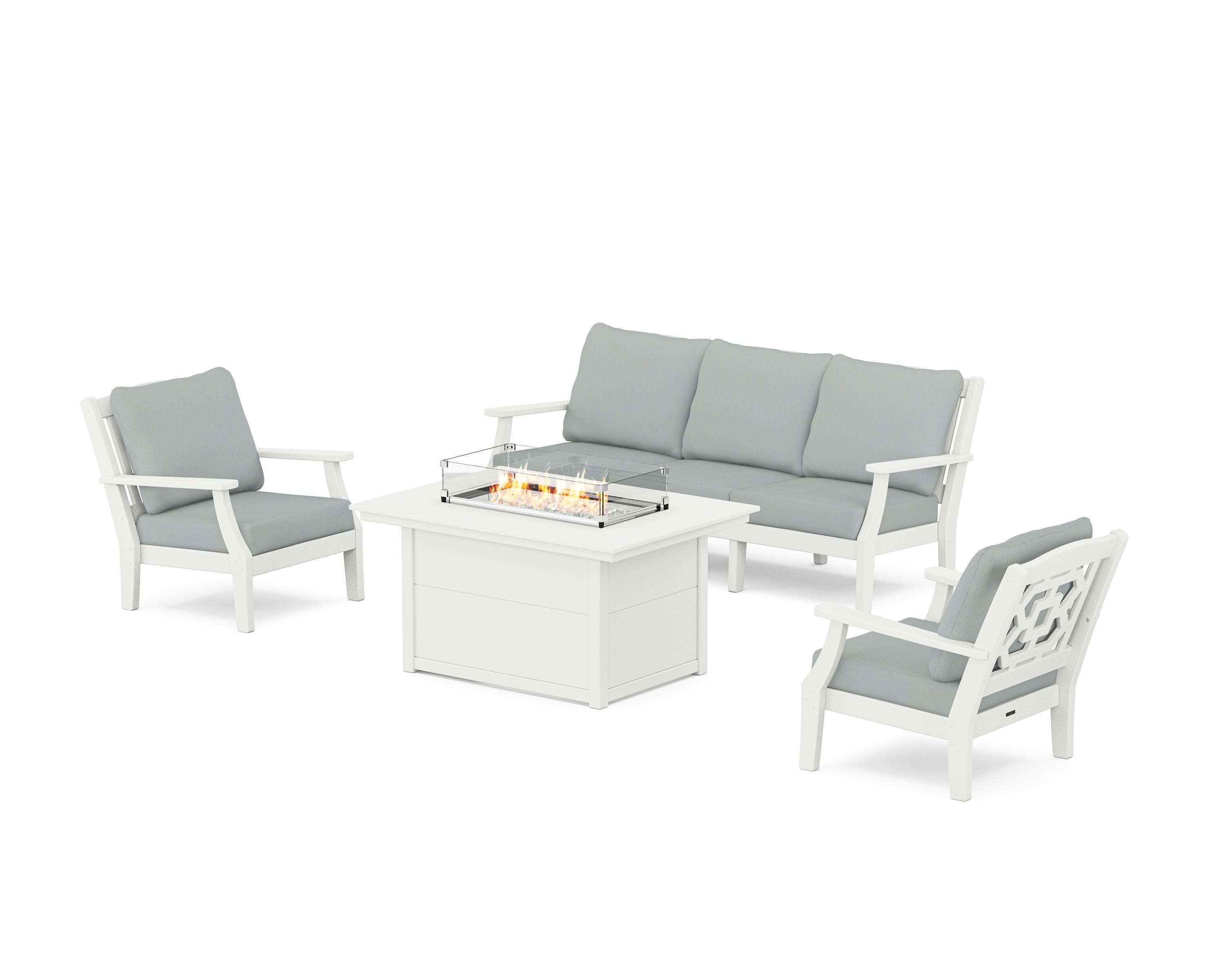 Chinoiserie Deep Seating Fire Pit Table Set in White / Spa