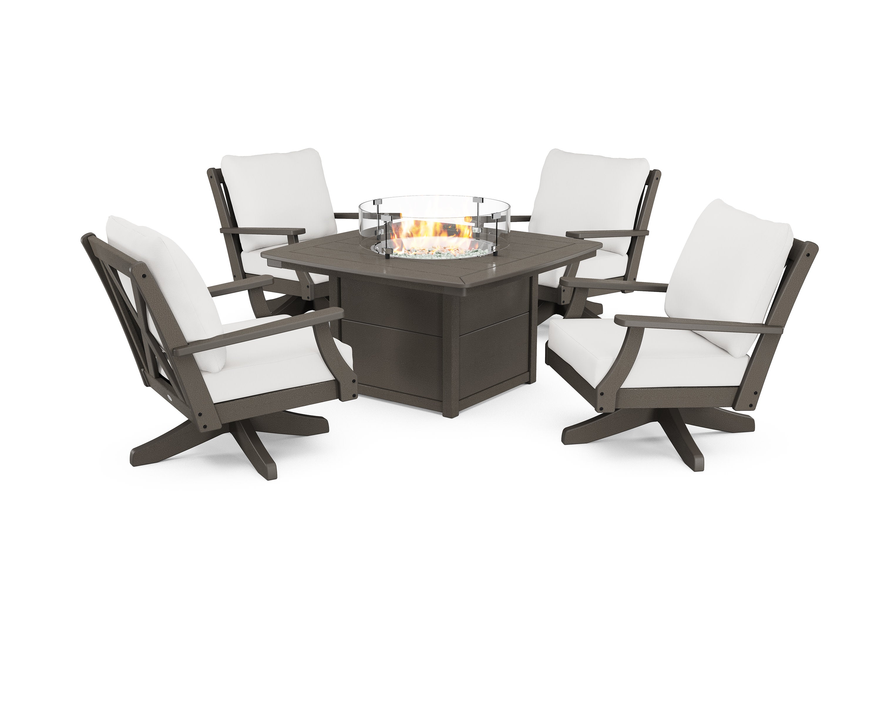 Braxton 5-Piece Deep Seating Swivel Conversation Set with Fire Pit Table in Vintage Coffee / Natural Linen