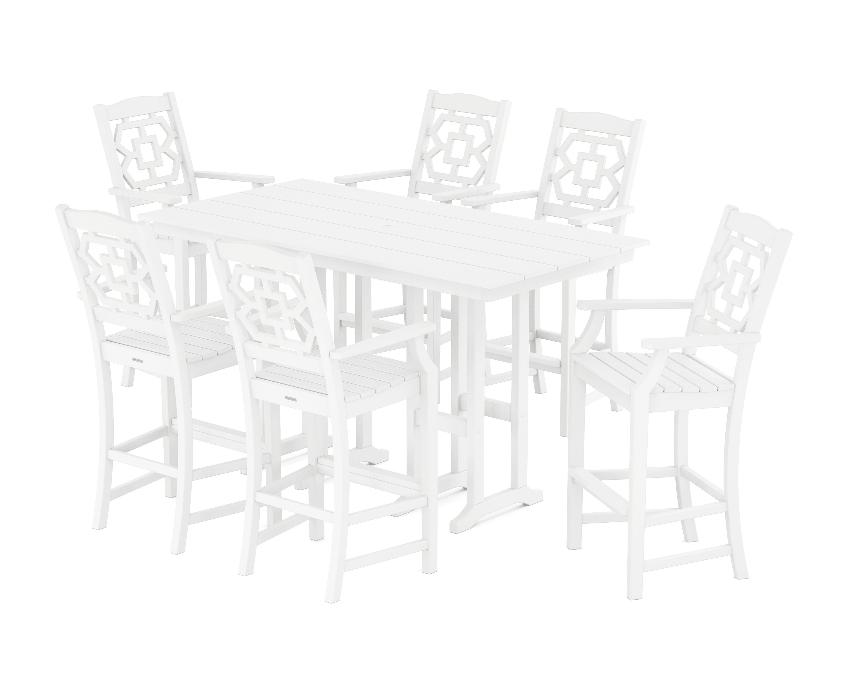 Chinoiserie Arm Chair 7-Piece Farmhouse Bar Set in White