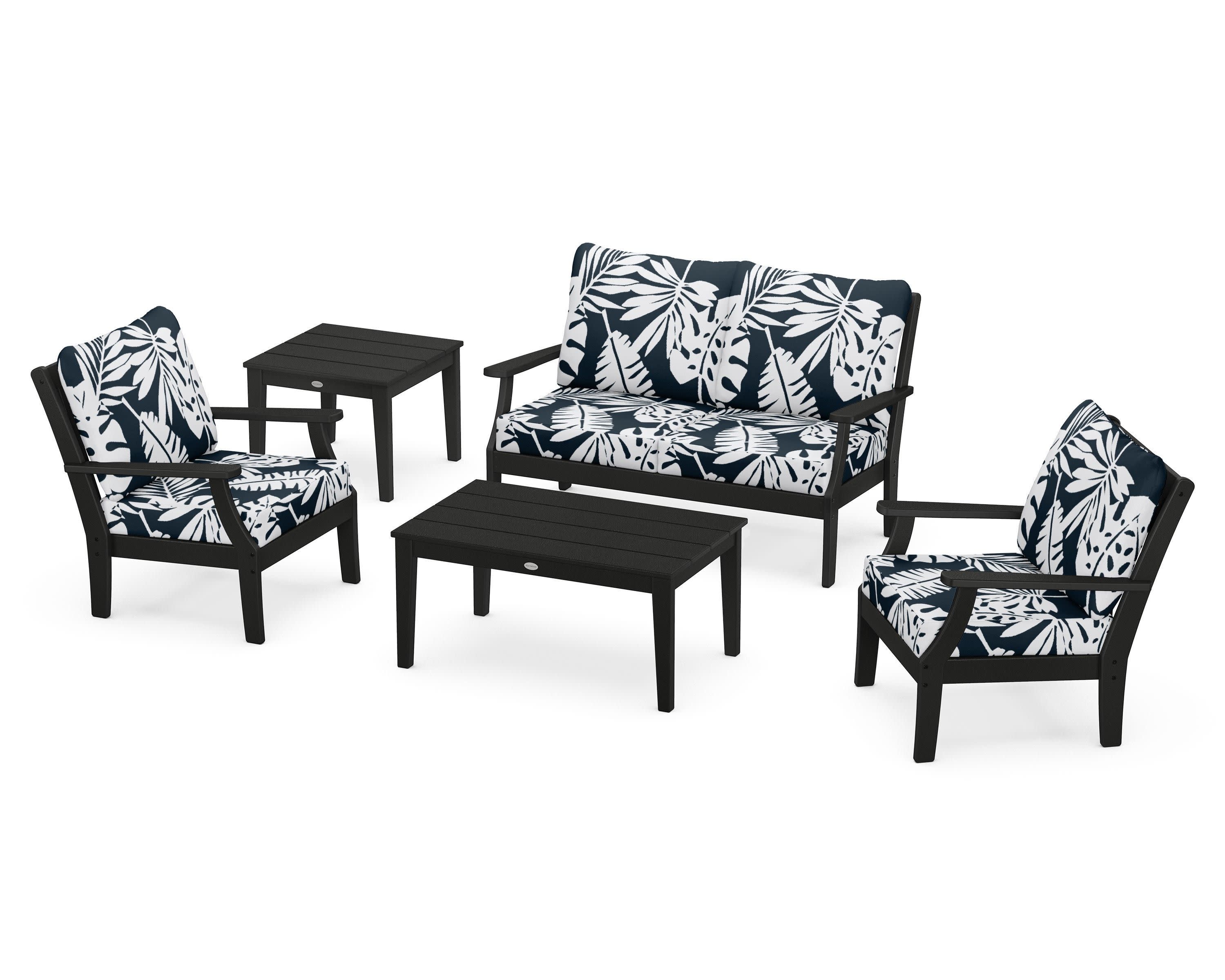 Braxton 5-Piece Deep Seating Set in Black / Leaf Marine Indigo