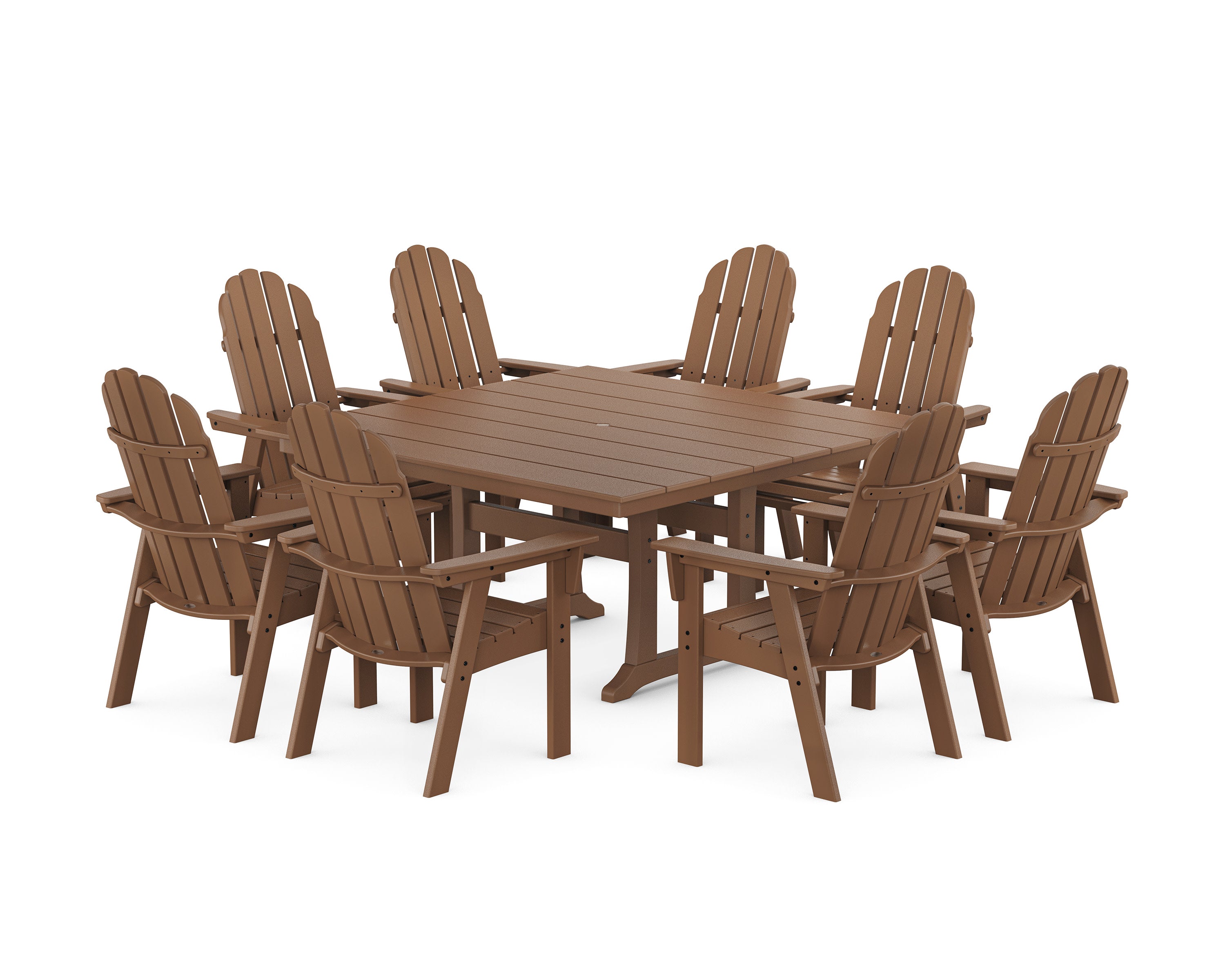 Vineyard Curveback Adirondack 9-Piece Square Farmhouse Dining Set with Trestle Legs in Teak