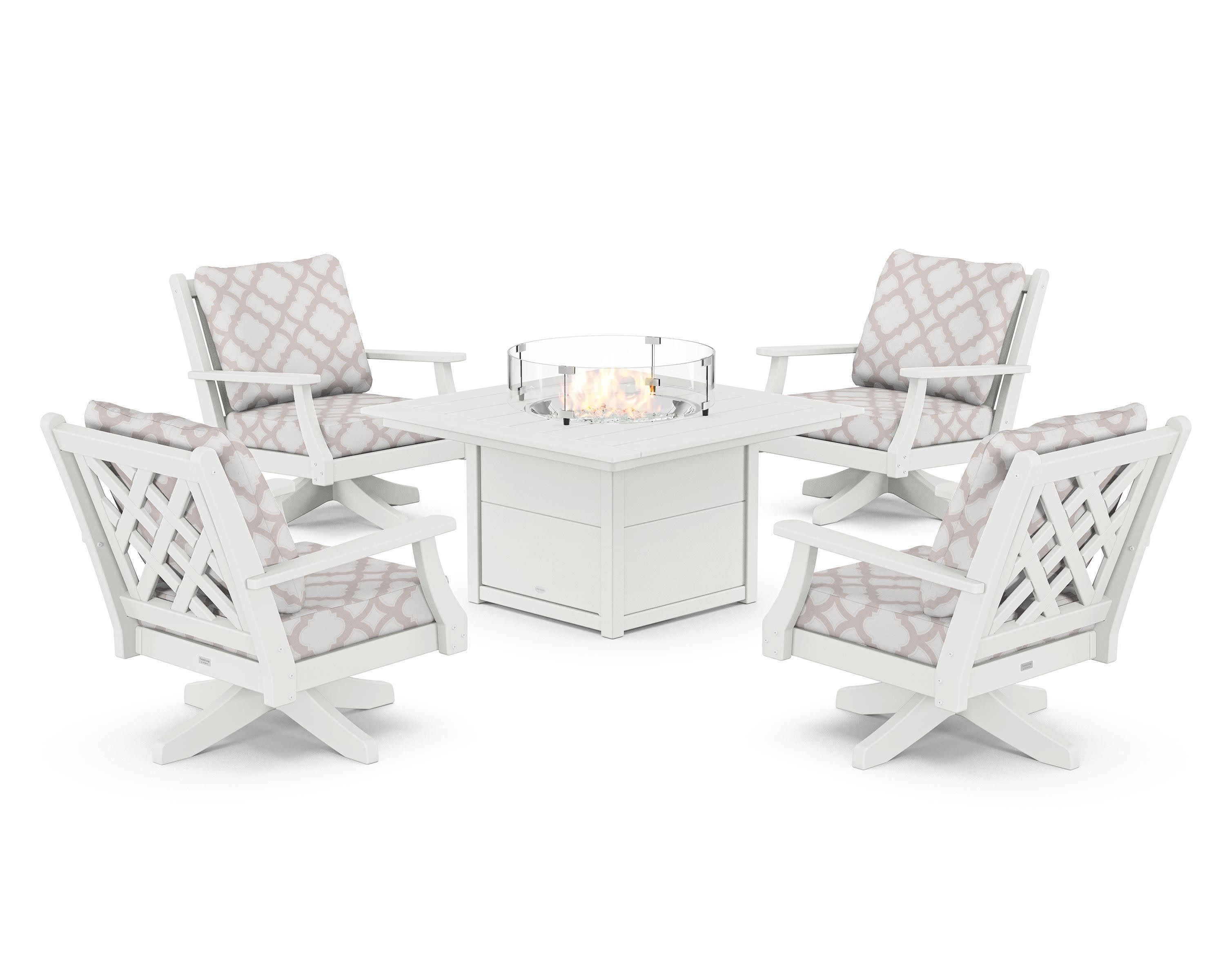 Wovendale 5-Piece Deep Seating Swivel Conversation Set with Fire Pit Table in White / Trellis Dune Burlap