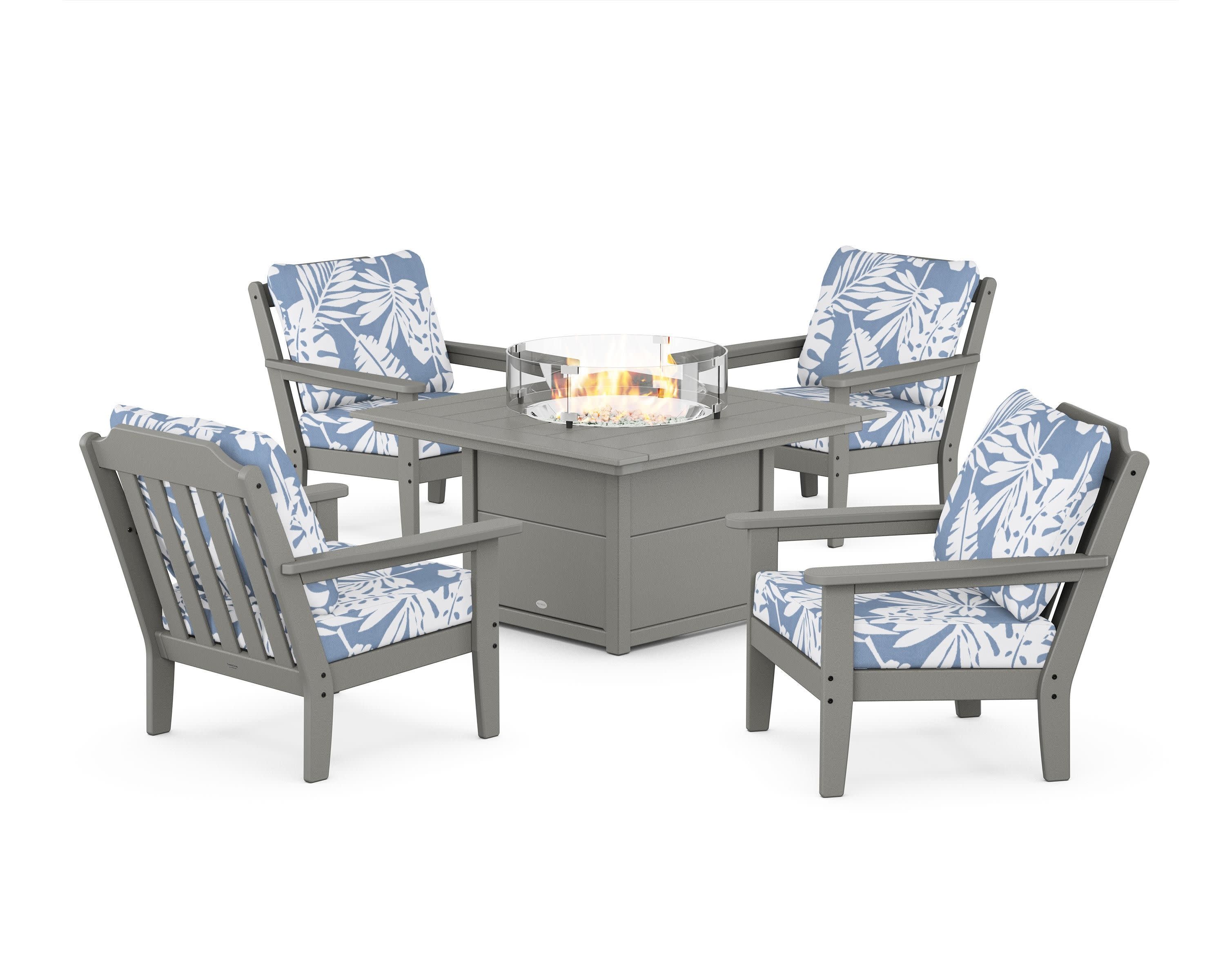 Cottage 5-Piece Deep Seating Set with Fire Pit Table in Slate Grey / Leaf Sky Blue