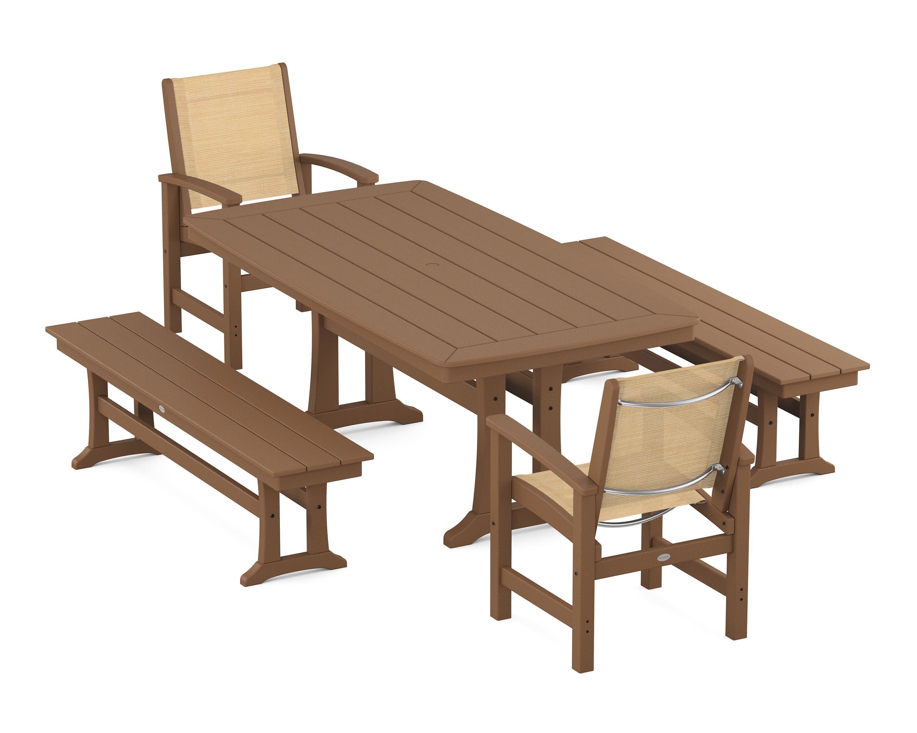 Coastal 5-Piece Dining Set with Trestle Legs and Benches in Teak / Dupioni Apricot Sling