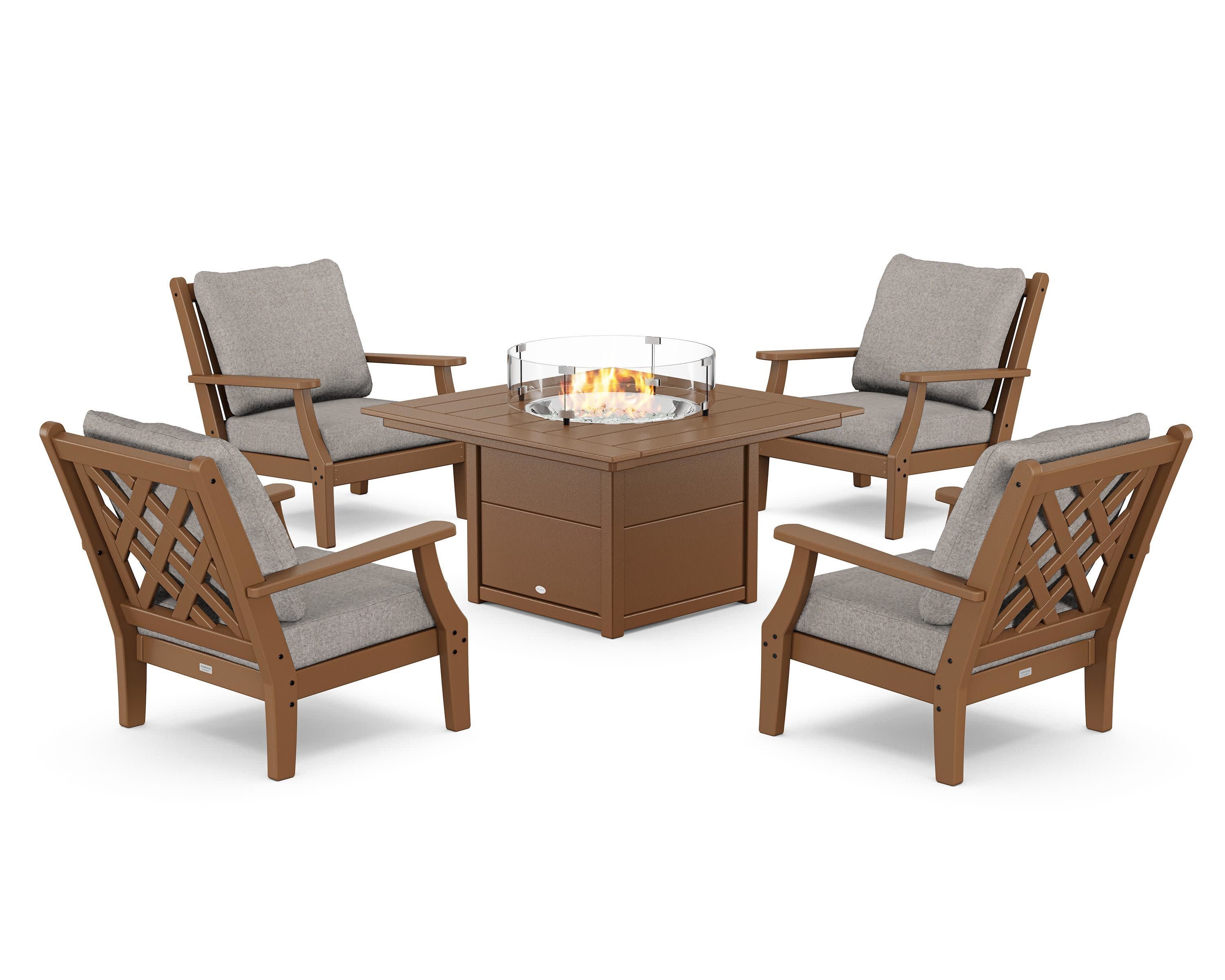 Wovendale 5-Piece Deep Seating Set with Fire Pit Table in Teak / Weathered Tweed