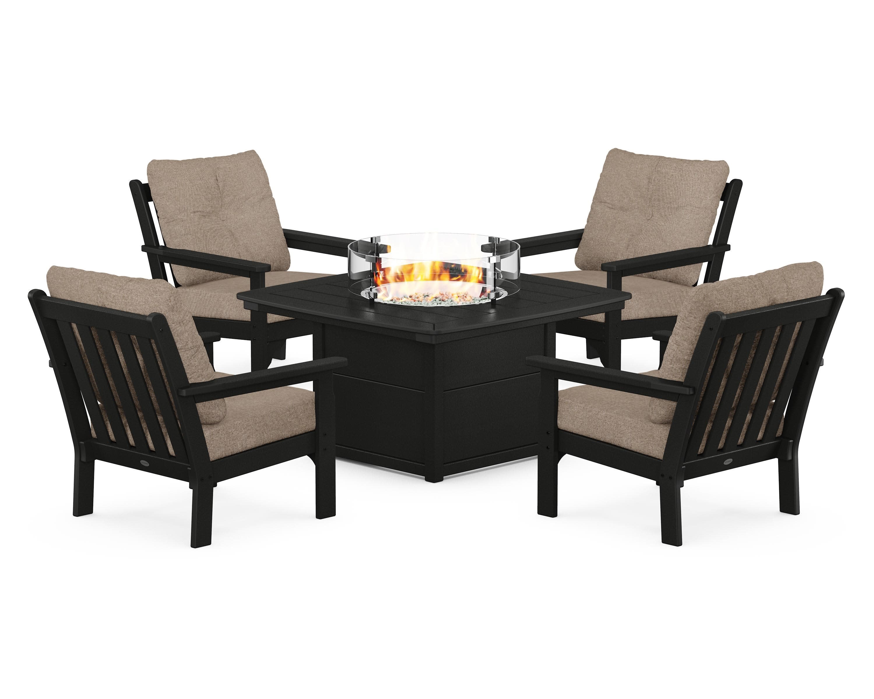 Vineyard 5-Piece Conversation Set with Fire Pit Table in Black / Spiced Burlap