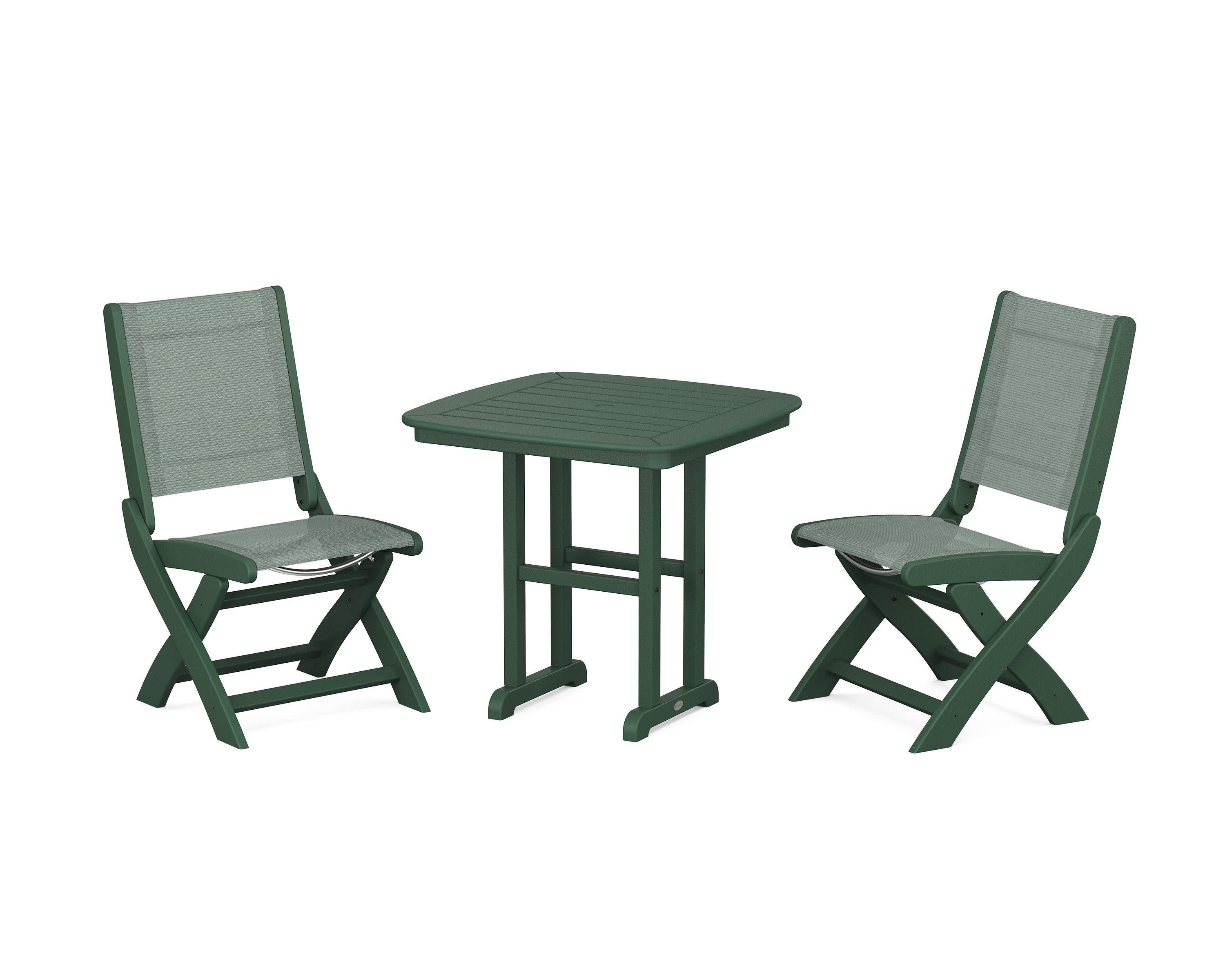 Coastal Folding Side Chair 3-Piece Dining Set in Green / Dupioni Sea Mist Sling