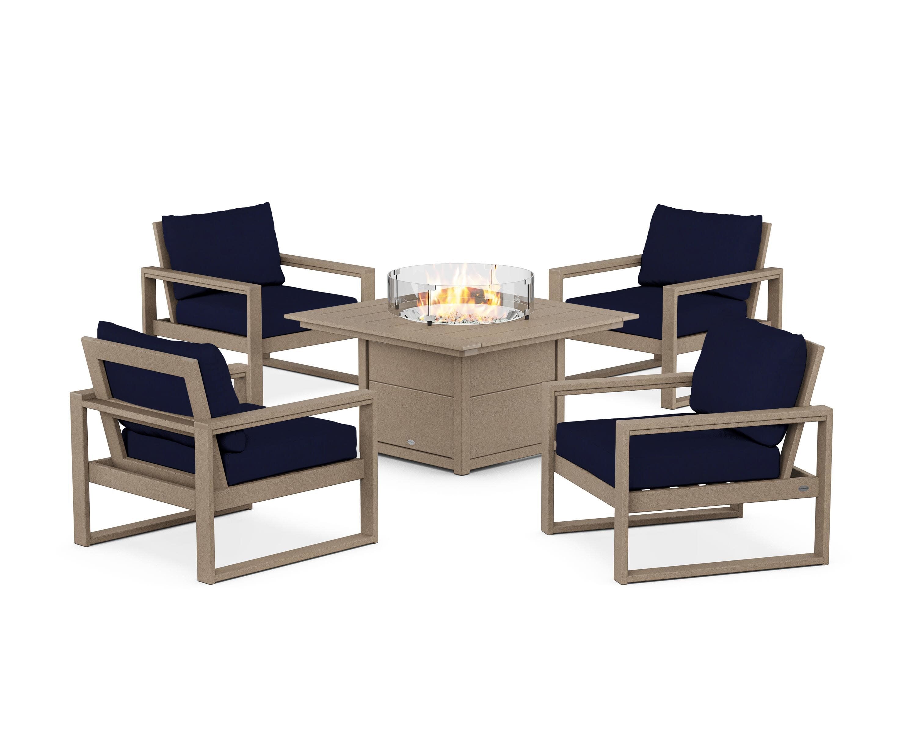 EDGE Sectional 5-Piece Deep Seating Set with Fire Pit Table in Vintage Sahara / Navy