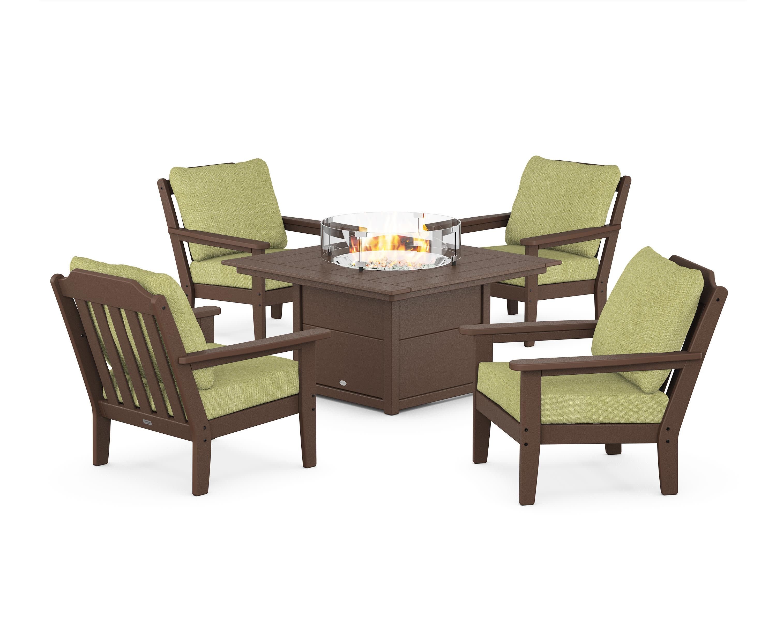 Cottage 5-Piece Deep Seating Set with Fire Pit Table in Mahogany / Chartreuse Boucle