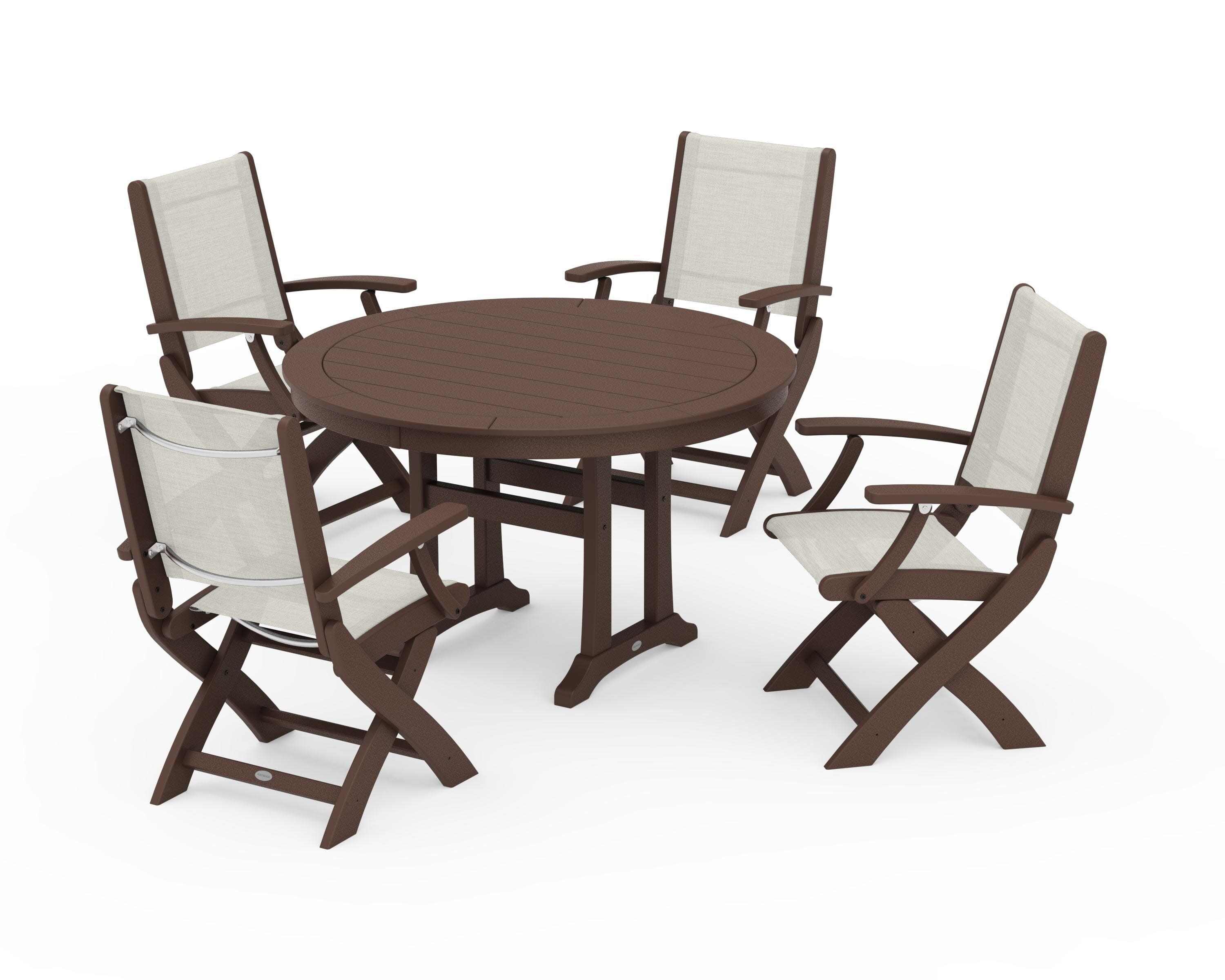 Coastal Folding Chair 5-Piece Round Dining Set with Trestle Legs in Mahogany / Parchment Sling