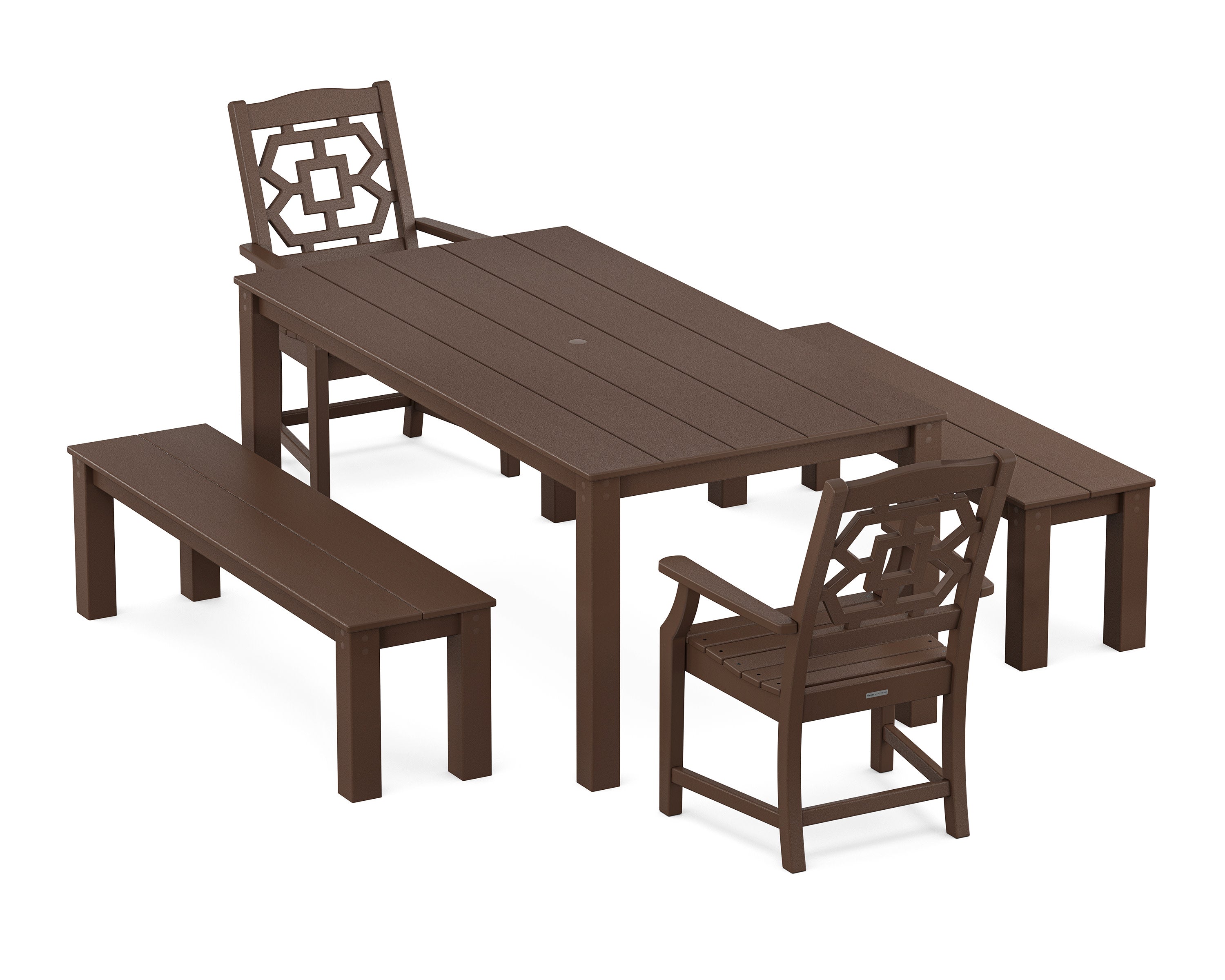 Chinoiserie 5-Piece Parsons Dining Set with Benches in Mahogany