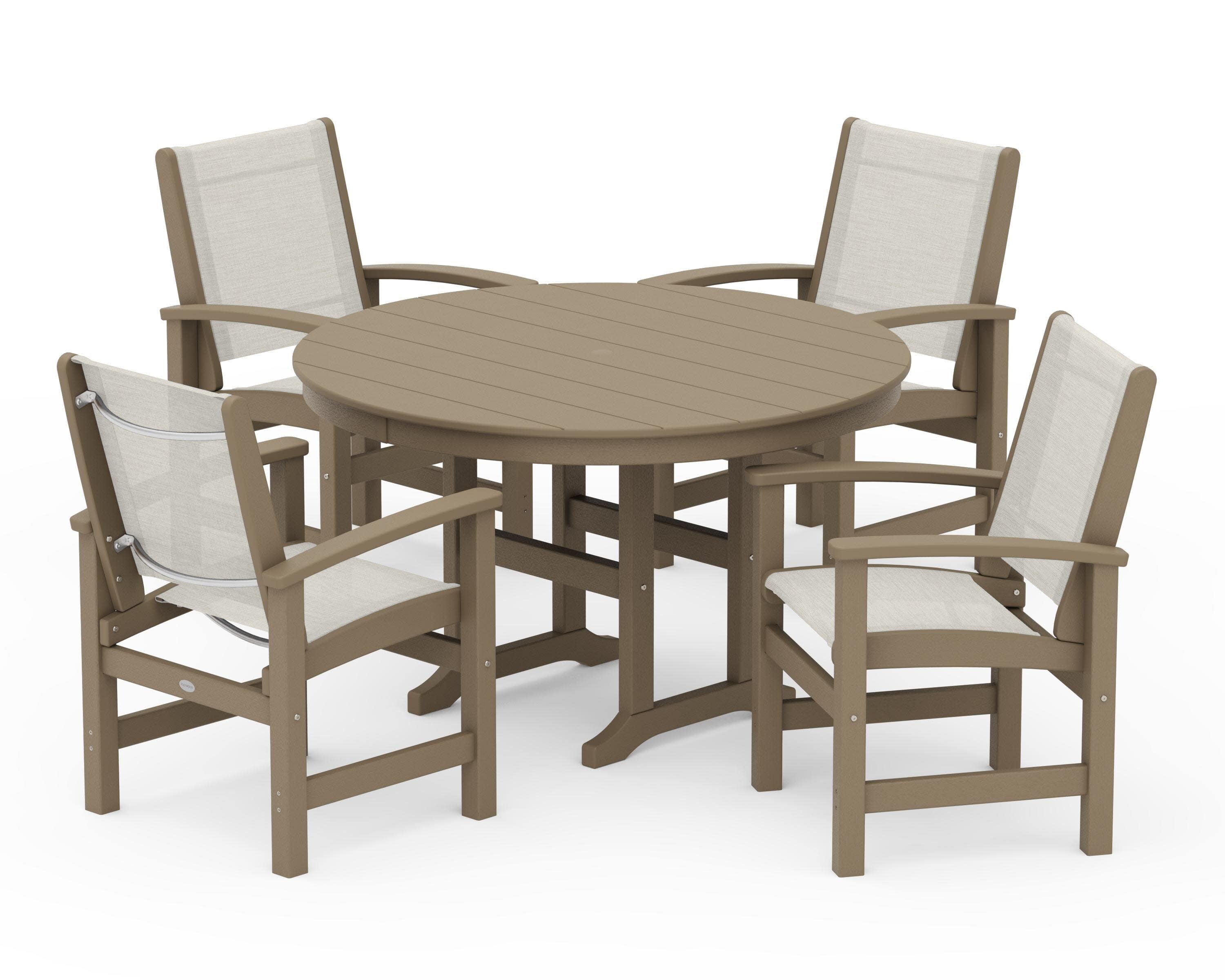 Coastal 5-Piece Round Farmhouse Dining Set in Vintage Sahara / Parchment Sling