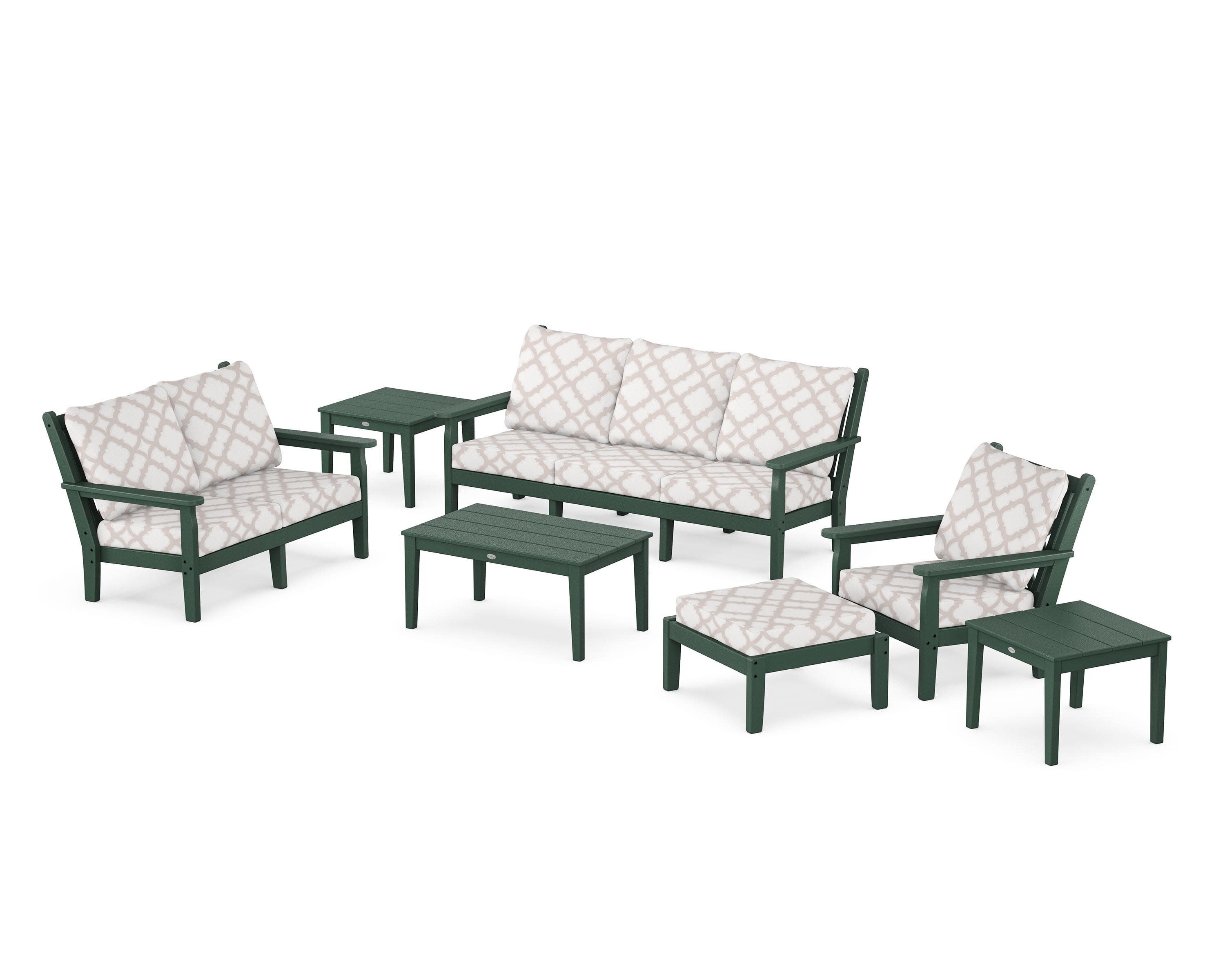 Chippendale 7-Piece Deep Seating Set in Green / Trellis Dune Burlap