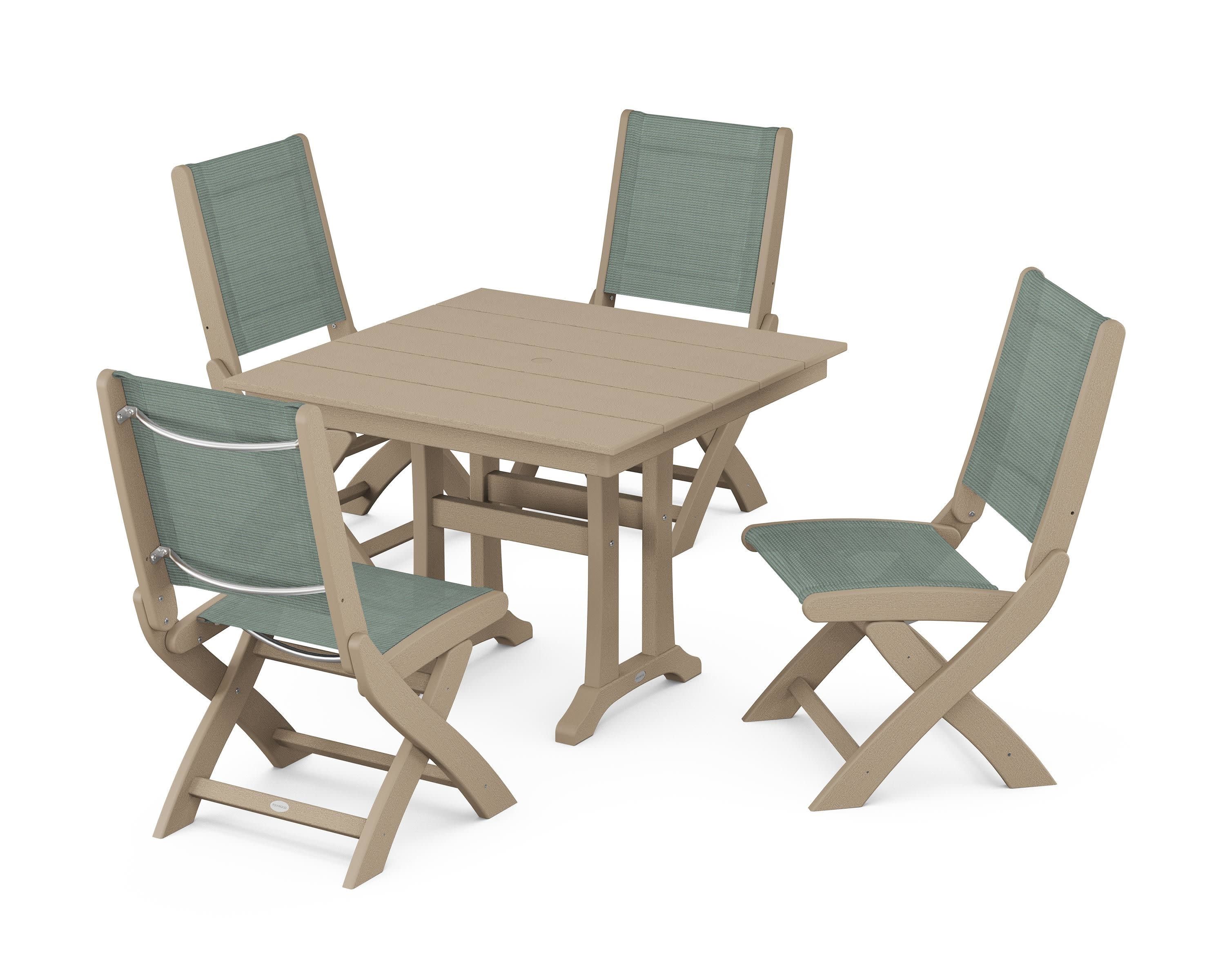 Coastal Folding Side Chair 5-Piece Farmhouse Dining Set With Trestle Legs in Vintage Sahara / Dupioni Sea Mist Sling