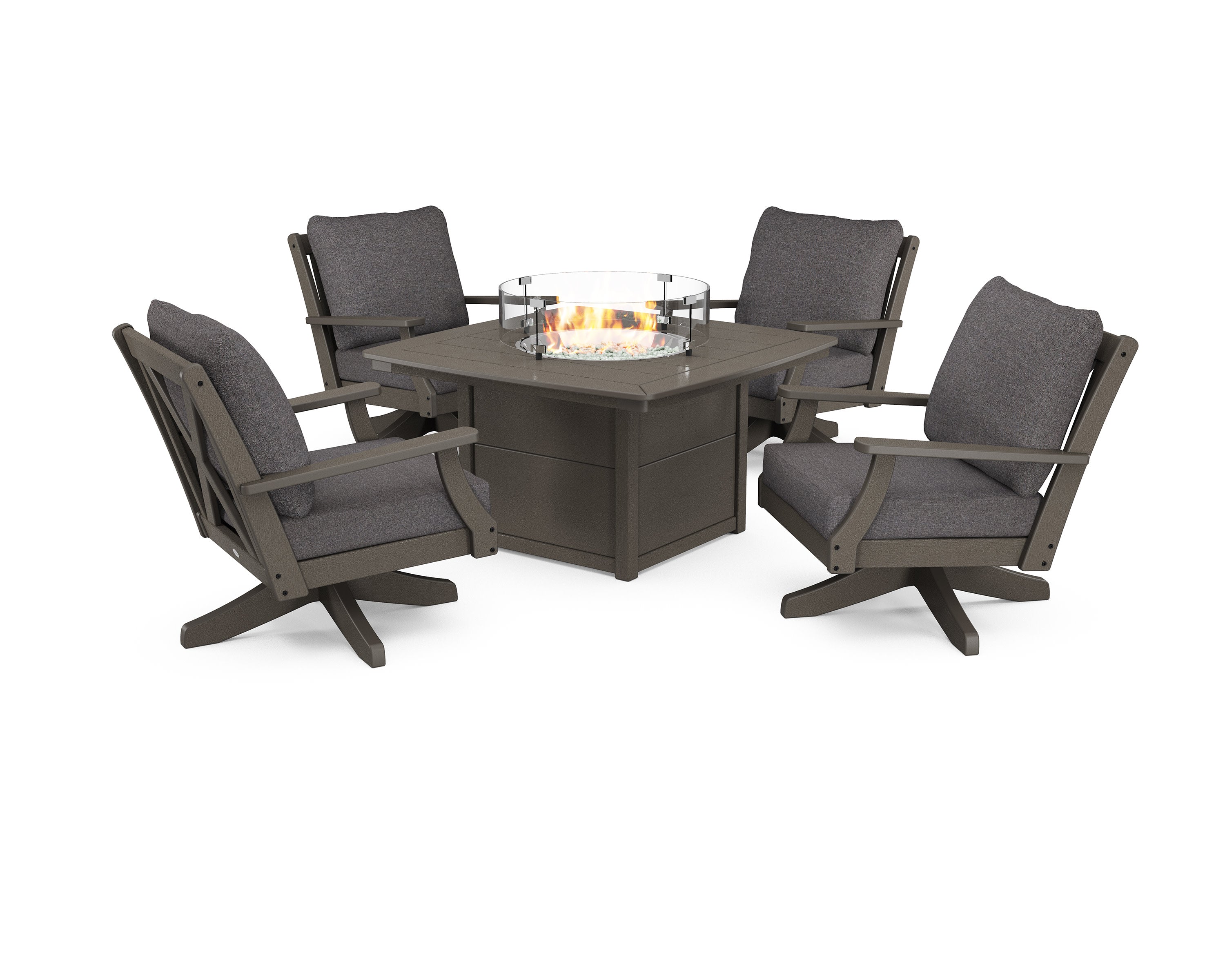 Braxton 5-Piece Deep Seating Swivel Conversation Set with Fire Pit Table in Vintage Coffee / Ash Charcoal