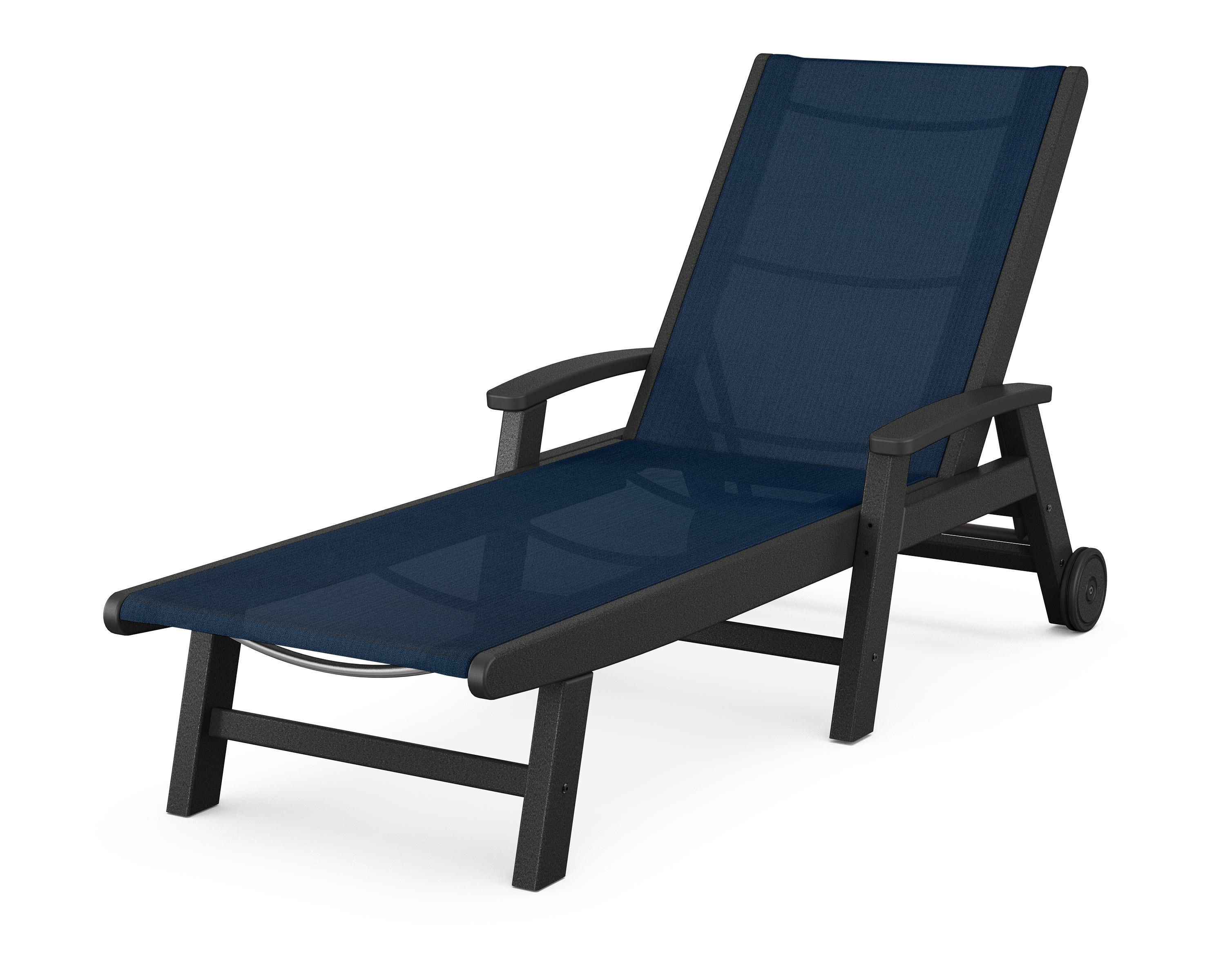 Coastal Chaise with Wheels in Black / Navy Blue Sling