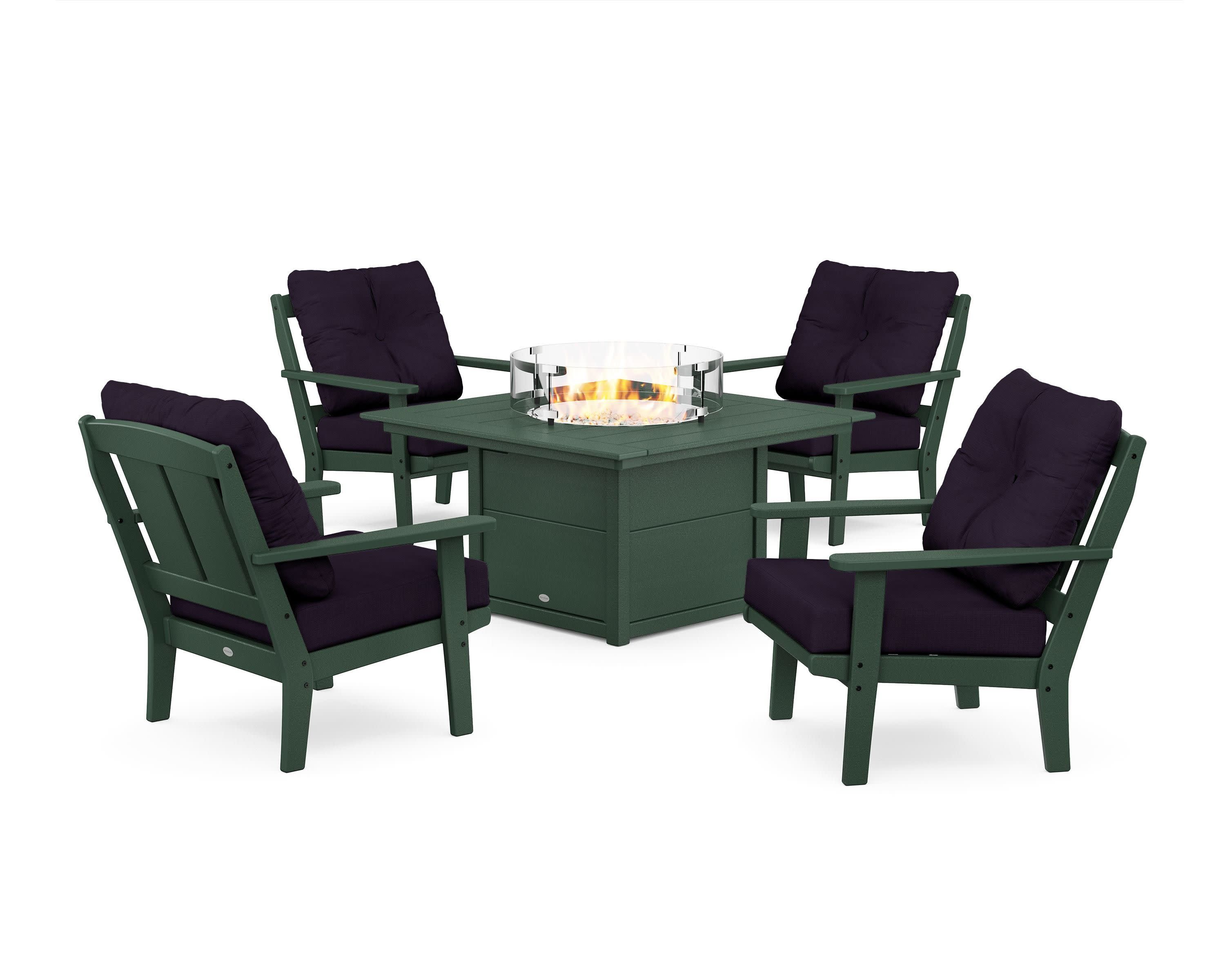 Mission 5-Piece Deep Seating Set with Fire Pit Table in Green / Navy Linen