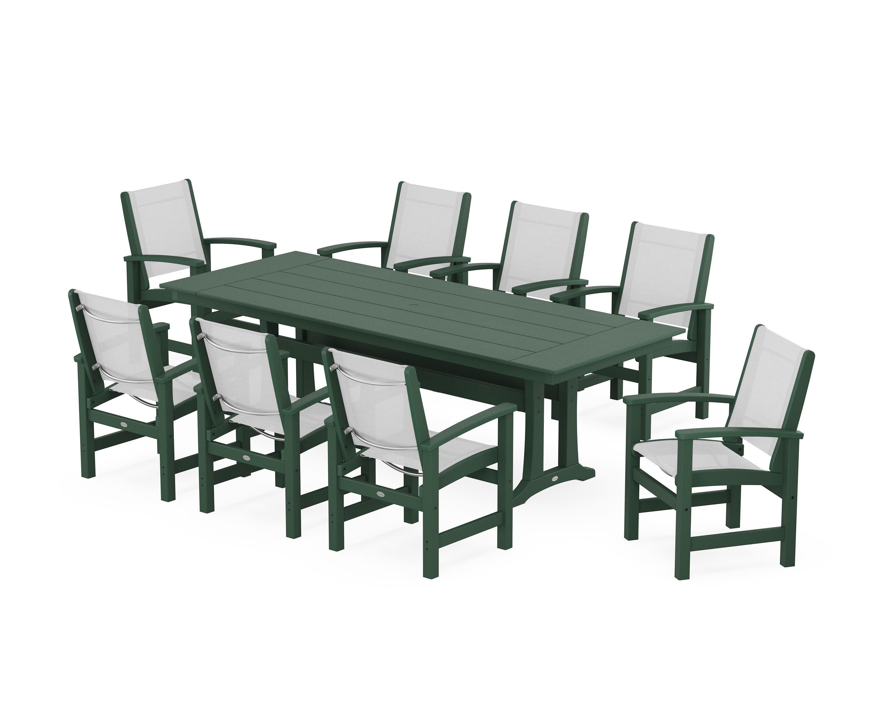Coastal 9-Piece Farmhouse Dining Set with Trestle Legs in Green / White Sling