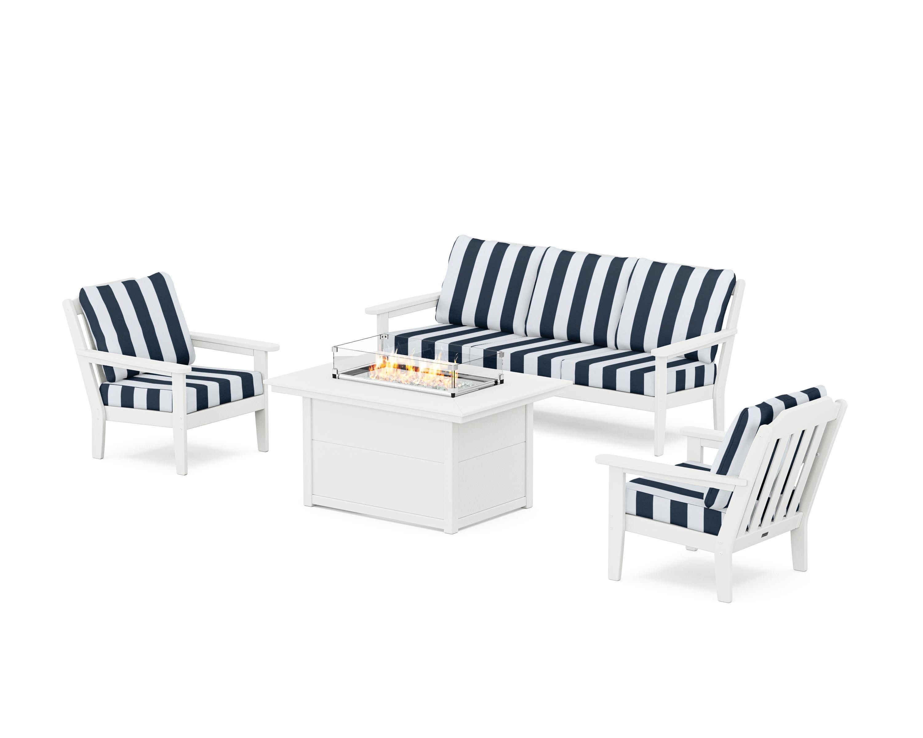 Cottage Deep Seating Fire Pit Table Set in White / Cabana Stripe Marine Indigo