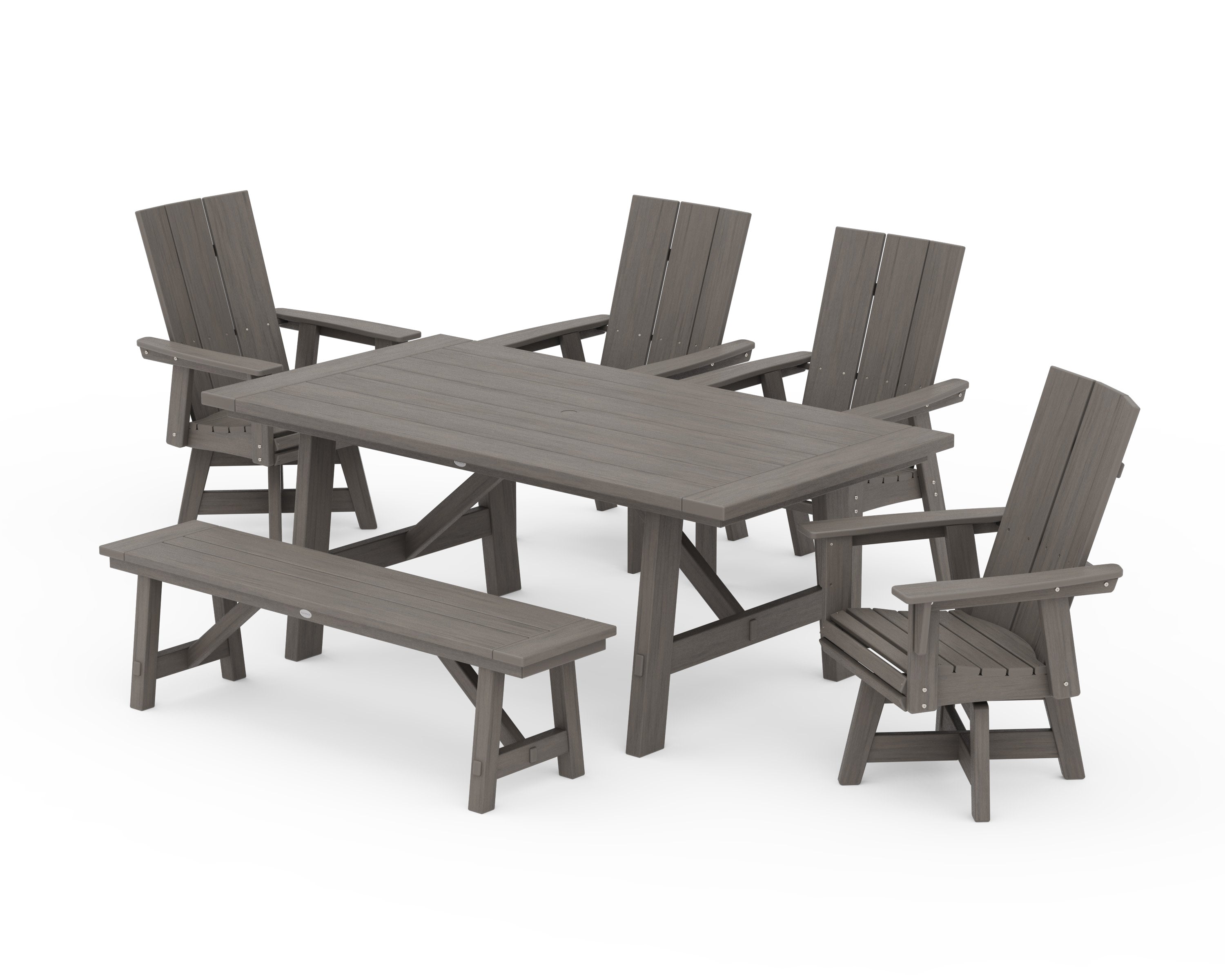 Modern Curveback Adirondack Swivel Chair 6-Piece Rustic Farmhouse Dining Set with Bench in Driftwood