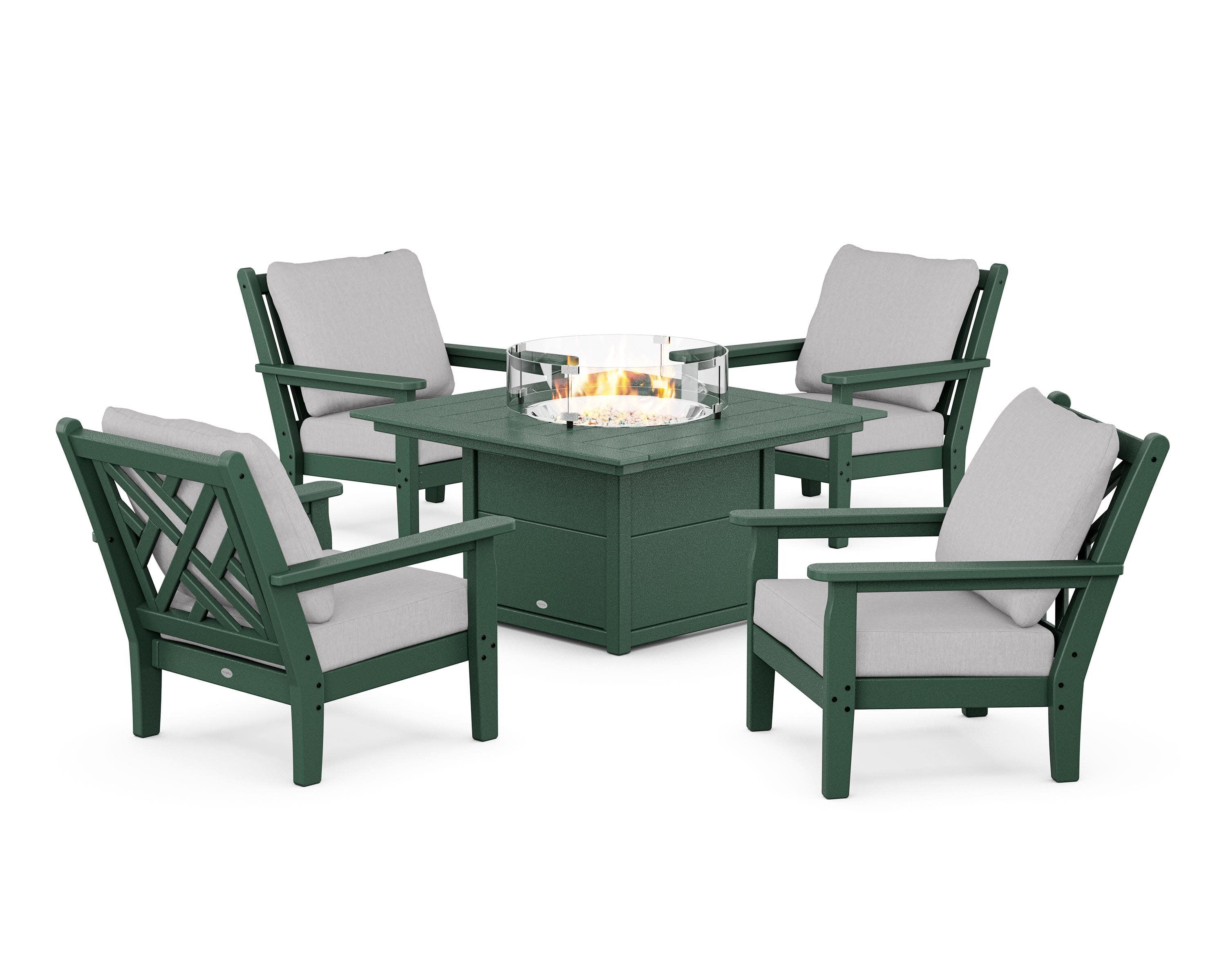Chippendale 5-Piece Deep Seating Set with Fire Pit Table in Green / Granite