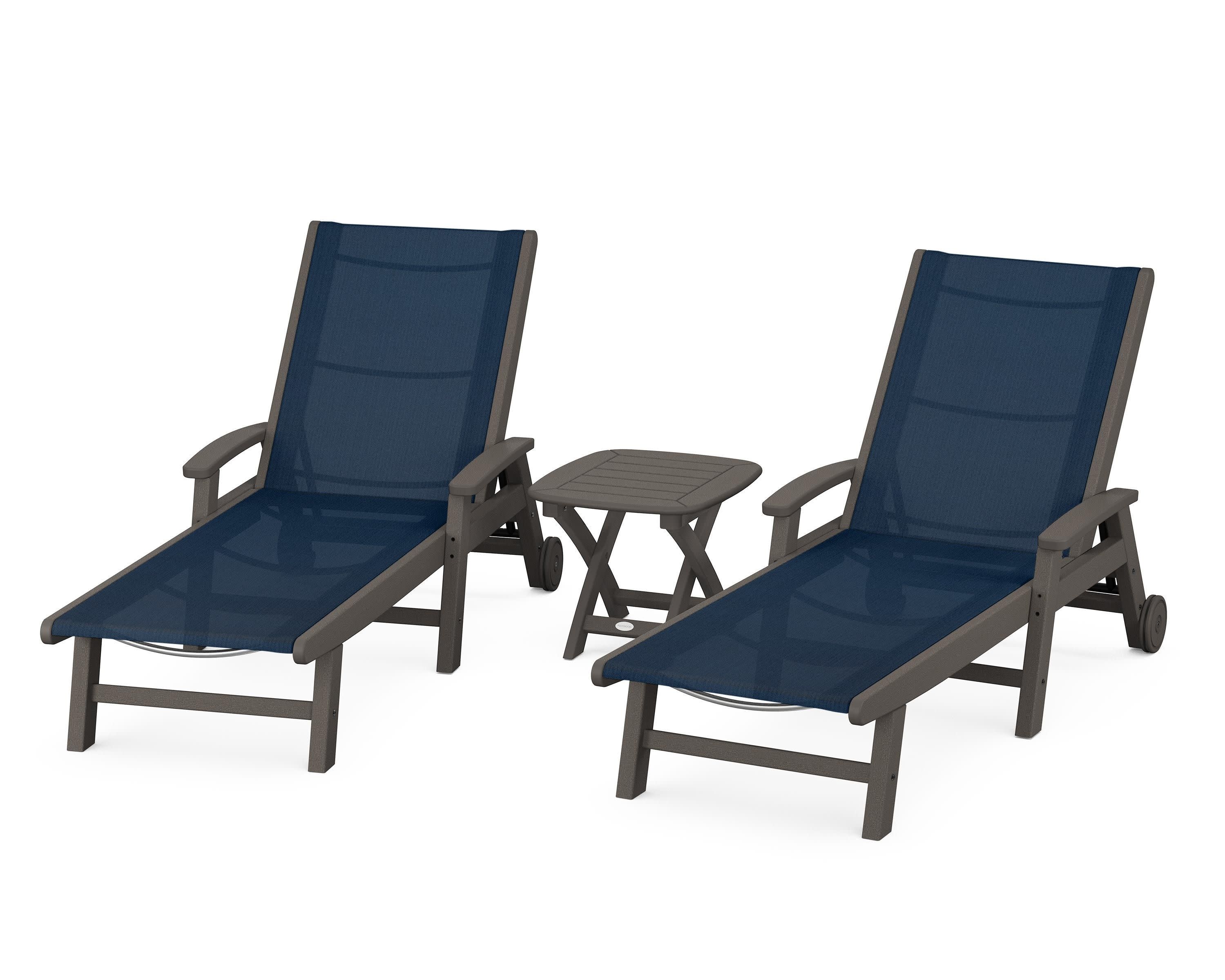 Coastal 3-Piece Wheeled Chaise Set in Vintage Coffee / Navy Blue Sling