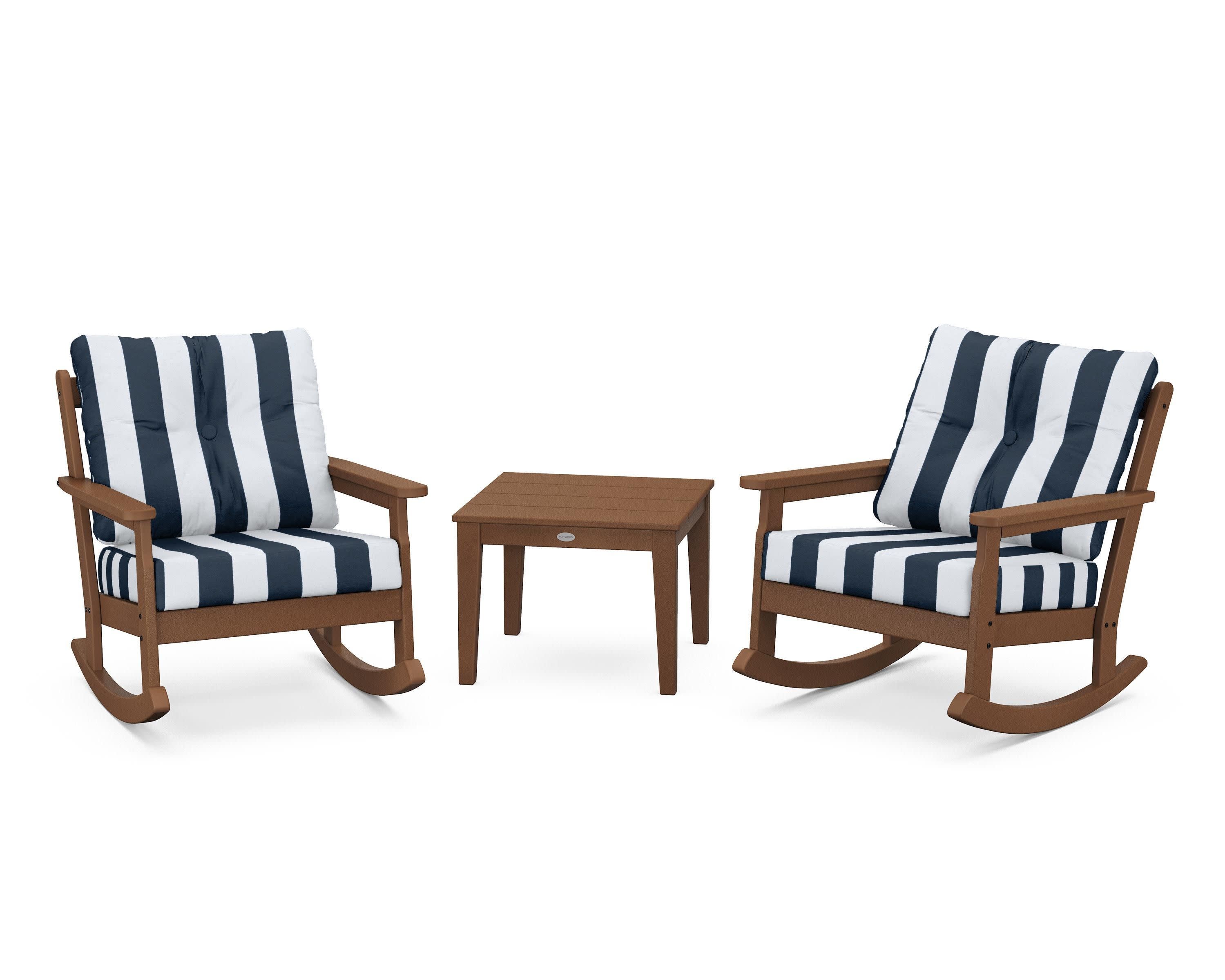 Vineyard 3-Piece Deep Seating Rocker Set in Teak / Cabana Stripe Marine Indigo