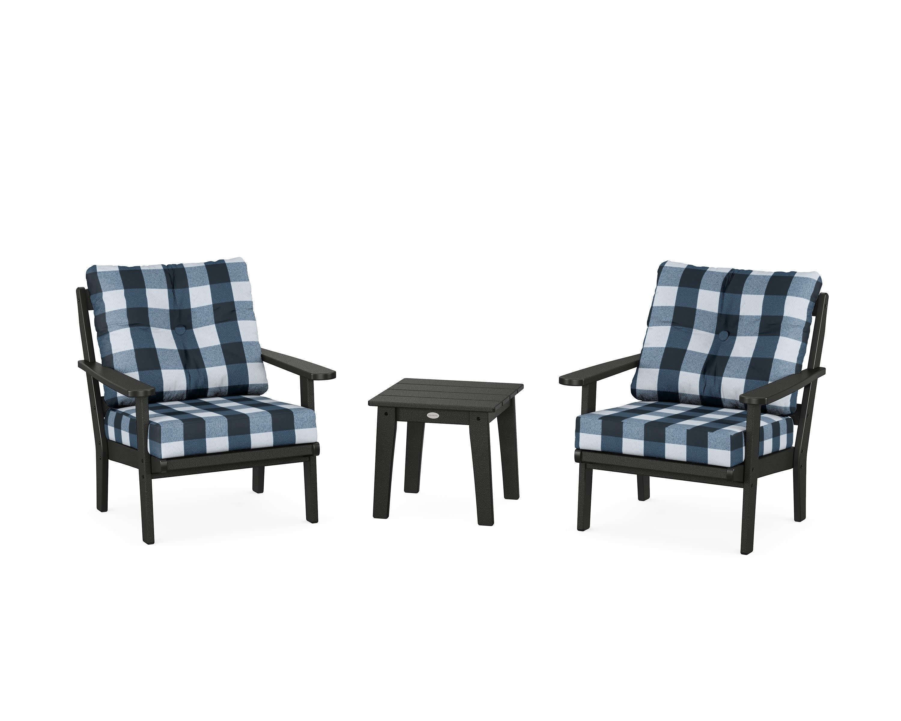 Mission 3-Piece Deep Seating Set in Black / Buffalo Plaid Marine Indigo