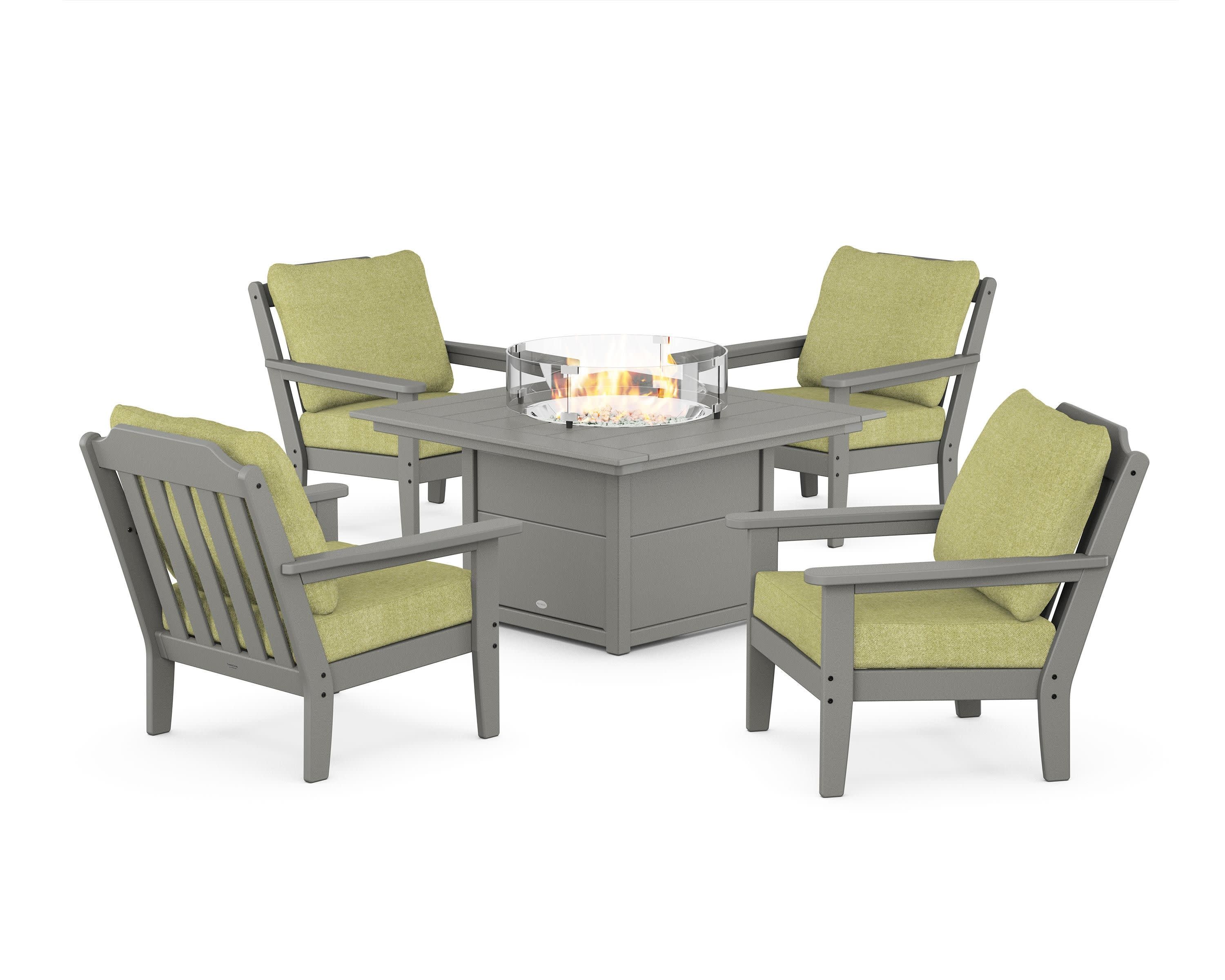 Cottage 5-Piece Deep Seating Set with Fire Pit Table in Slate Grey / Chartreuse Boucle