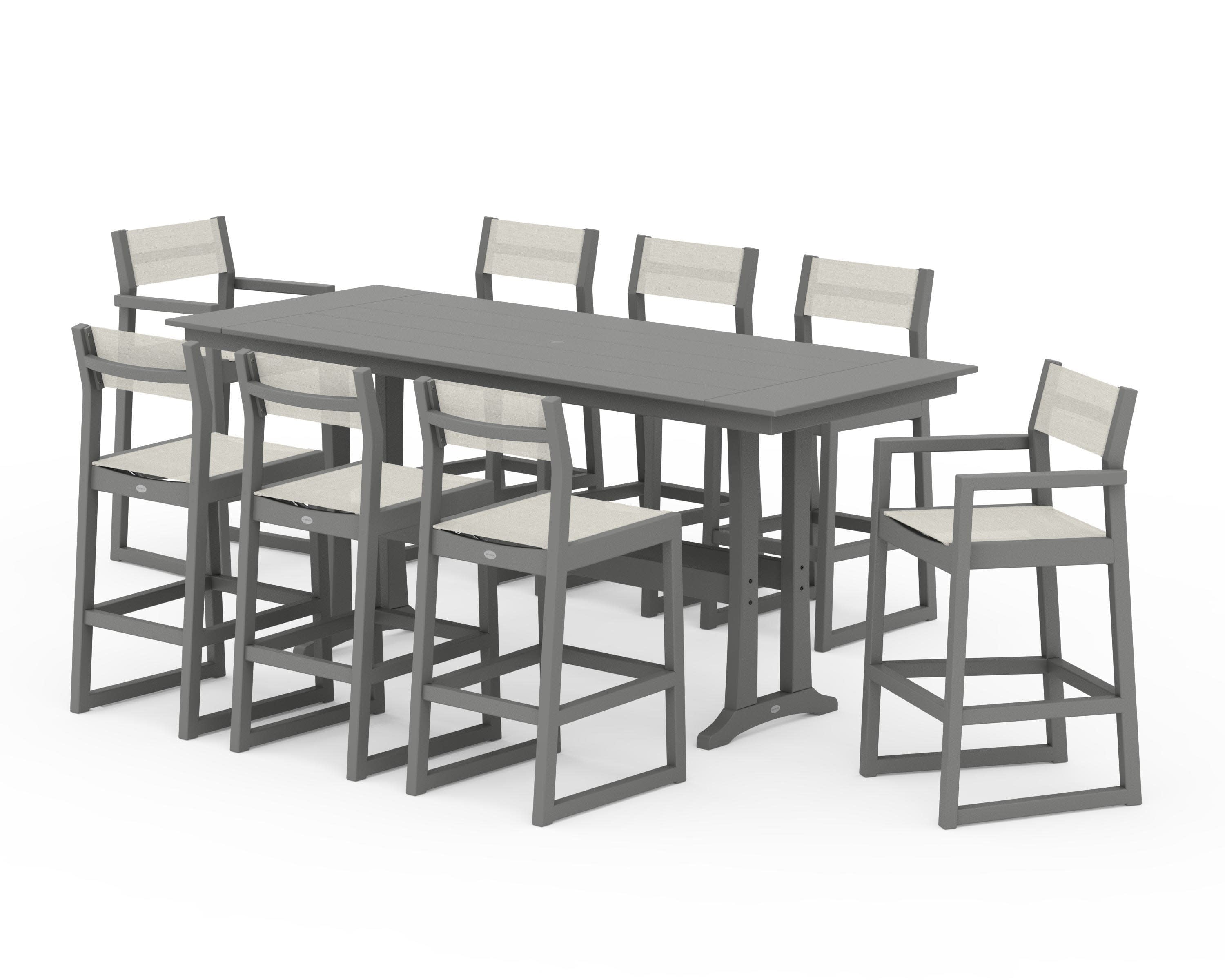 EDGE Sling 9-Piece Farmhouse Bar Set with Trestle Legs in Slate Grey / Parchment Sling
